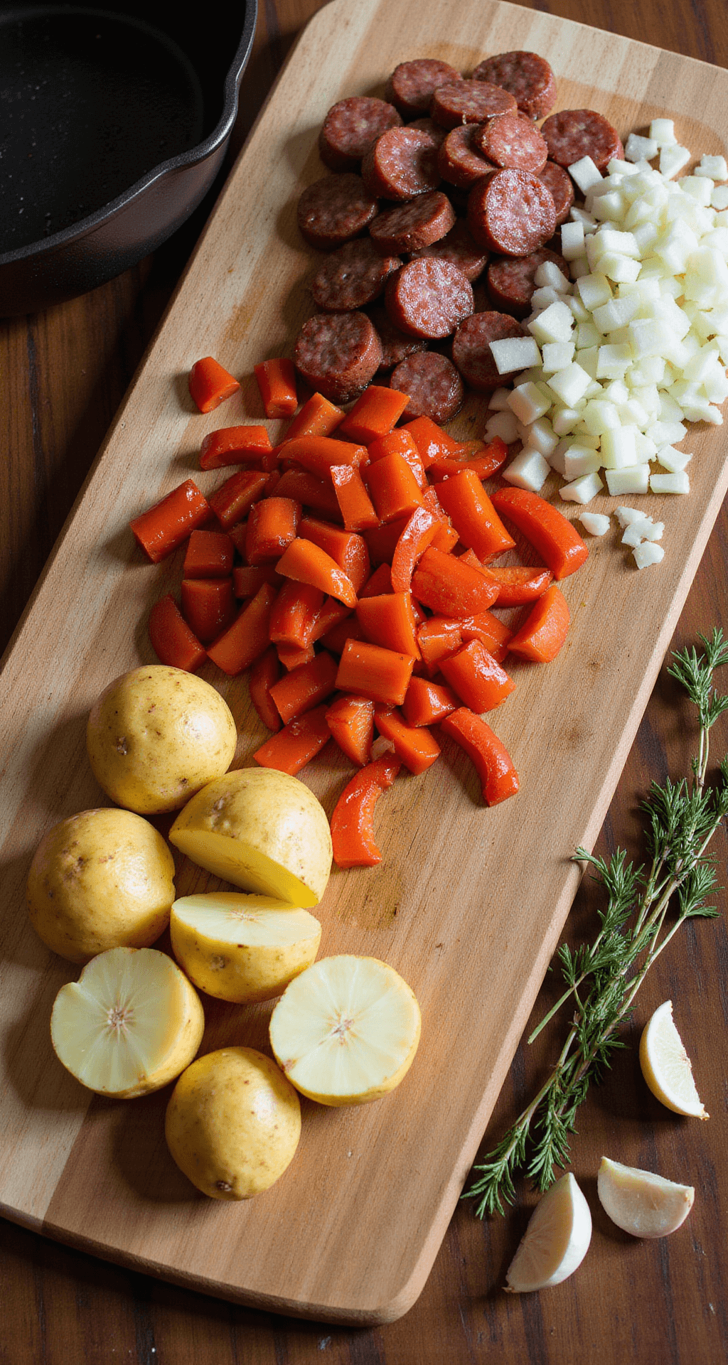 Easy Sausage and Potato Skillet: A One-Pan Comfort Food Feast Overhead shot of a rustic wooden cutting board with golden Yukon potatoes, smoked sausage, diced bell peppers, and chopped onions arranged in neat piles, alongside a cast-iron skillet under warm natural light with garlic cloves and herb sprigs.