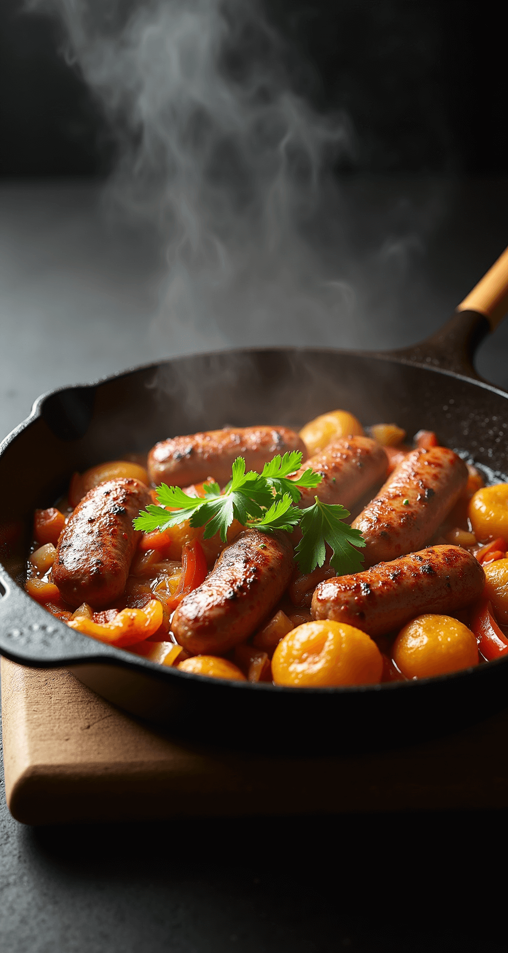 Easy Sausage and Potato Skillet: A One-Pan Comfort Food Feast A well-seasoned cast-iron skillet filled with browned sausage pieces and crispy potato rounds, garnished with fresh parsley, with caramelized onions and peppers adding color, illuminated by dramatic side lighting that highlights the textures, alongside a wooden spatula resting against the skillet's edge.