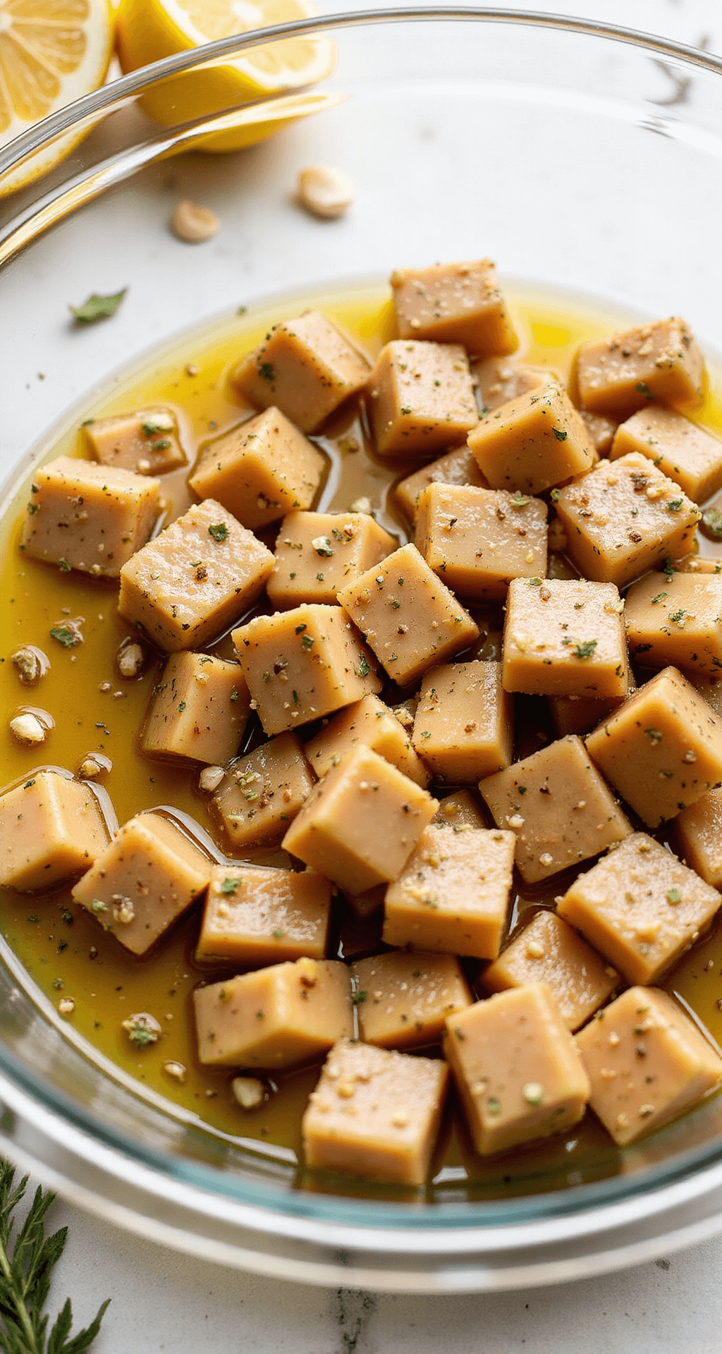 Grilled Chicken Kabobs: The Ultimate Summer Dinner Sensation Close-up of vibrant cubed chicken pieces coated in Mediterranean marinade with golden olive oil, minced garlic, and dried herbs, surrounded by lemon halves and aromatics in a softly lit kitchen.