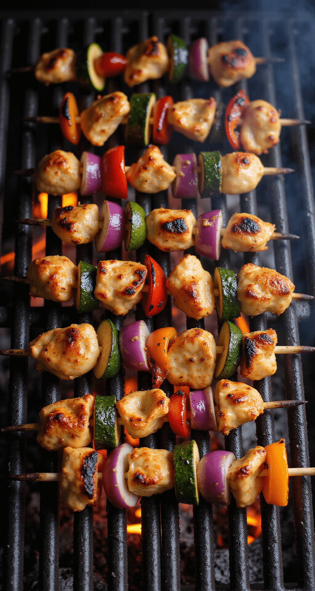 Grilled Chicken Kabobs: The Ultimate Summer Dinner Sensation Dramatic overhead shot of vibrant kabobs on a hot grill, featuring charred chicken, bell peppers, red onions, and zucchini, with visible flames and light smoke, all highlighted by golden-hour lighting.
