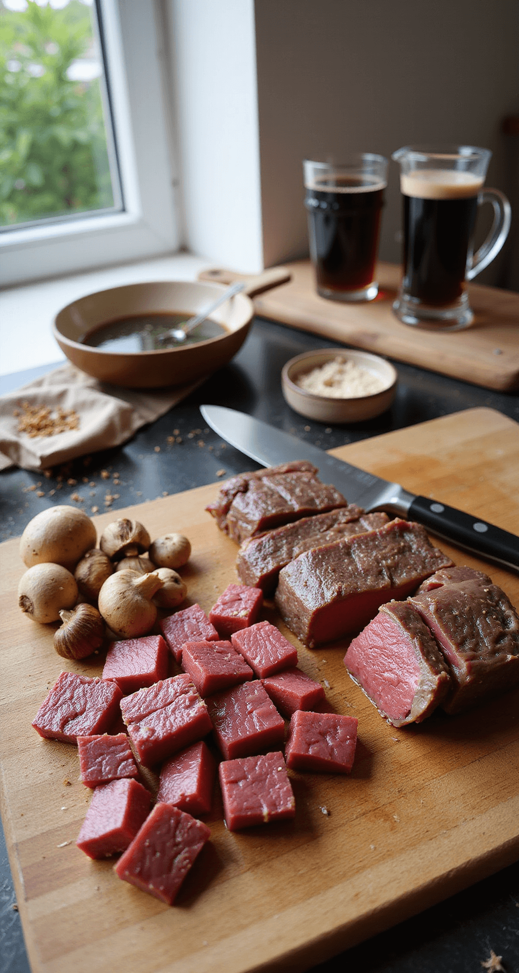 Steak and Mushroom Pie: A Classic Comfort Food Masterpiece A professional kitchen scene with natural light featuring cubed marbled braising steak on a wooden cutting board, assorted mushrooms, a chef's knife, and measuring cups of dark ale and beef stock, highlighting an organized mise en place with herbs and spices in small bowls.