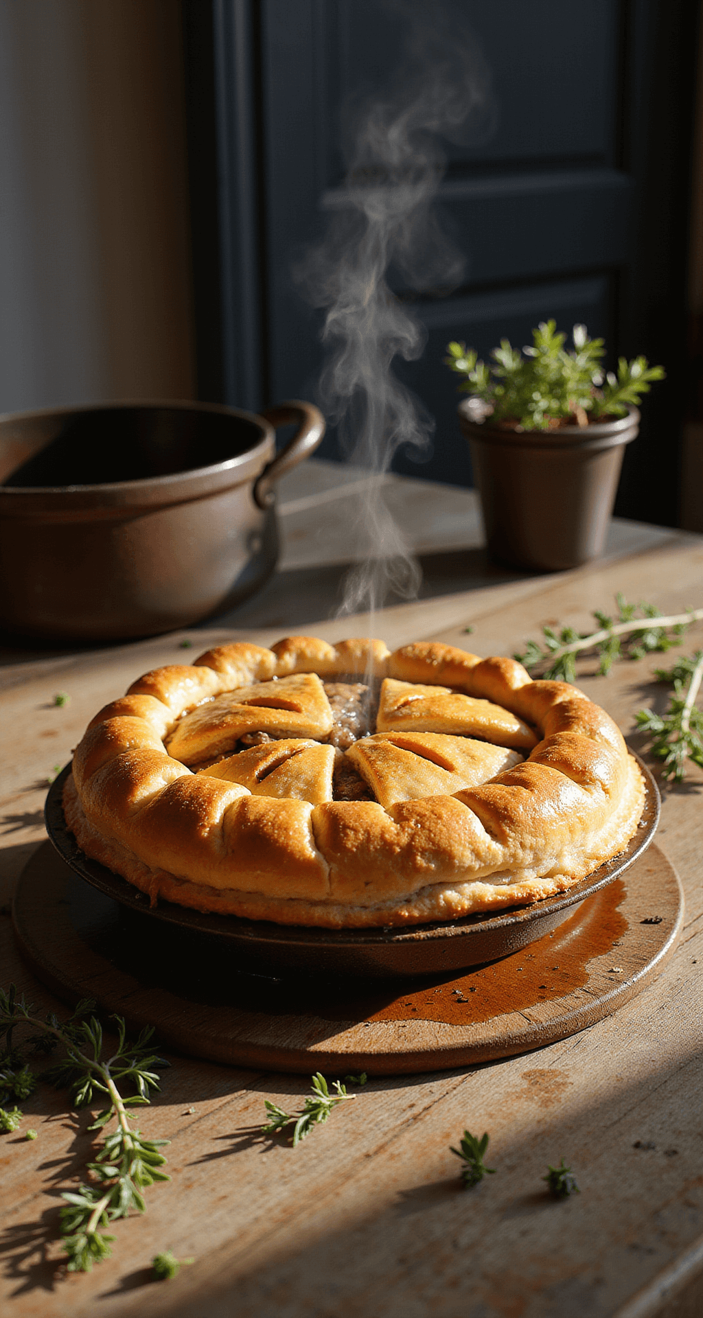 Steak and Mushroom Pie: A Classic Comfort Food Masterpiece A rustic farmhouse kitchen with a freshly baked steak and mushroom pie on a wooden table, featuring a golden-brown puff pastry topped with steam and decorative slits. Fresh thyme sprigs and a cast iron pot are visible in the background, illuminated by warm afternoon light.