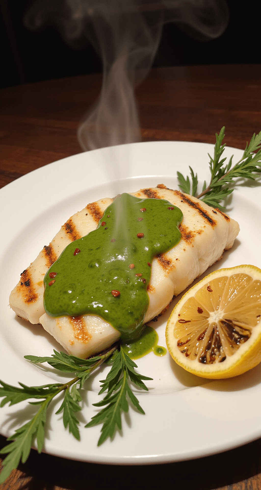GRILLED HALIBUT WITH HERB SAUCE A perfectly grilled halibut fillet with golden-brown grill marks on a white ceramic plate, drizzled with bright green herb sauce and sprinkled with red pepper flakes, garnished with fresh herb sprigs and a grilled lemon half, under warm restaurant-style lighting.