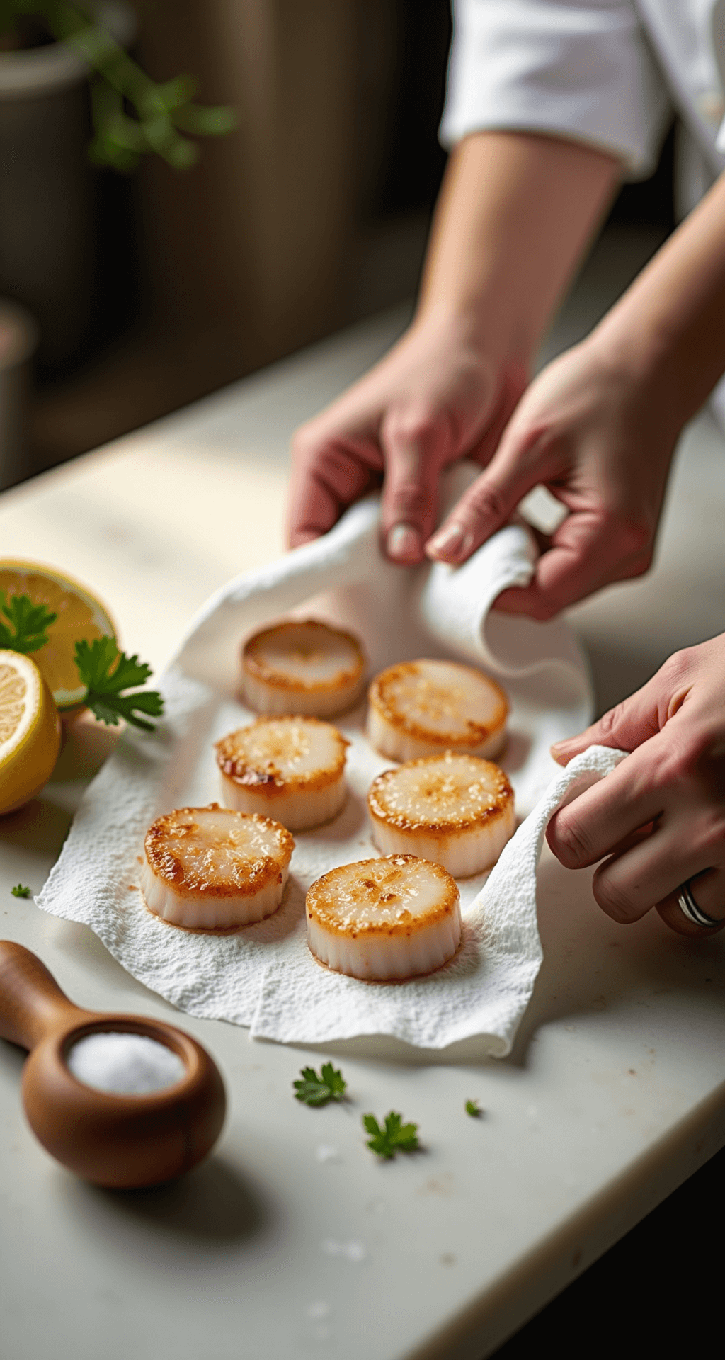 Lemon Butter Scallops: Restaurant-Quality Seafood in Minutes Close-up of a chef patting dry pristine sea scallops on a marble countertop, illuminated by warm kitchen light, surrounded by fresh lemon halves, parsley, and a rustic salt cellar.