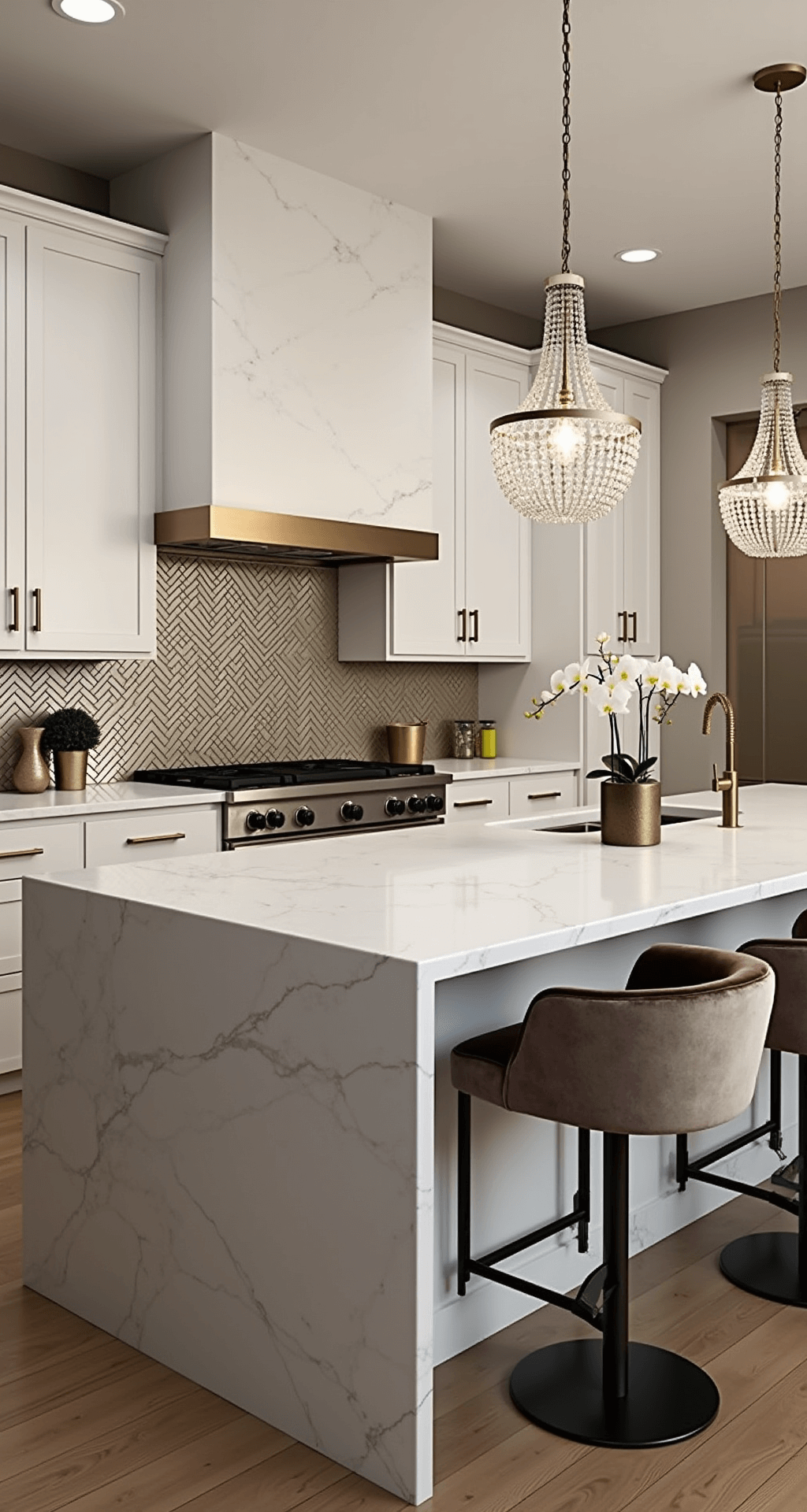 White Kitchen Cabinets: The Ultimate Style Guide for Timeless Elegance A sophisticated 15x18ft contemporary kitchen featuring high-gloss white cabinets with metallic trim, champagne gold hardware, and a mirror-finish backsplash, illuminated by crystal pendant lights. A white marble waterfall island with velvet barstools is central to the space, adorned with orchids and metallic accessories, captured from a low angle to highlight the reflective surfaces and dramatic artificial lighting.