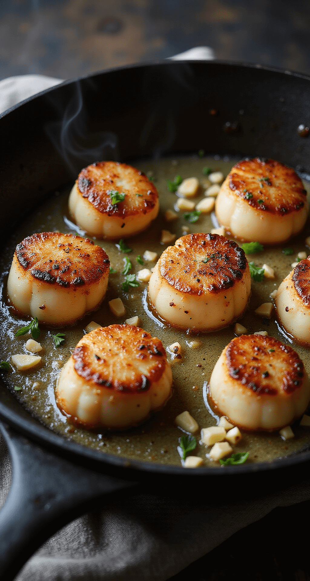 Lemon Butter Scallops: Restaurant-Quality Seafood in Minutes Dramatic overhead shot of searing sea scallops in a cast iron skillet, showcasing golden-brown crusts, melting butter, and fresh herbs in moody kitchen lighting.