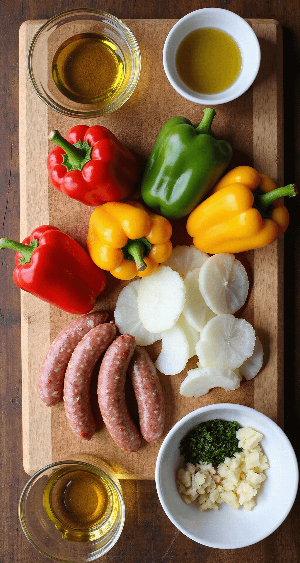 Baked Sausage and Peppers: The Ultimate One-Pan Dinner Sensation Overhead view of a rustic wooden cutting board featuring vibrant sliced bell peppers, uniform onion rings, and elegant Italian sausage links, with small bowls of olive oil, minced garlic, and scattered herbs, illuminated by natural window light.