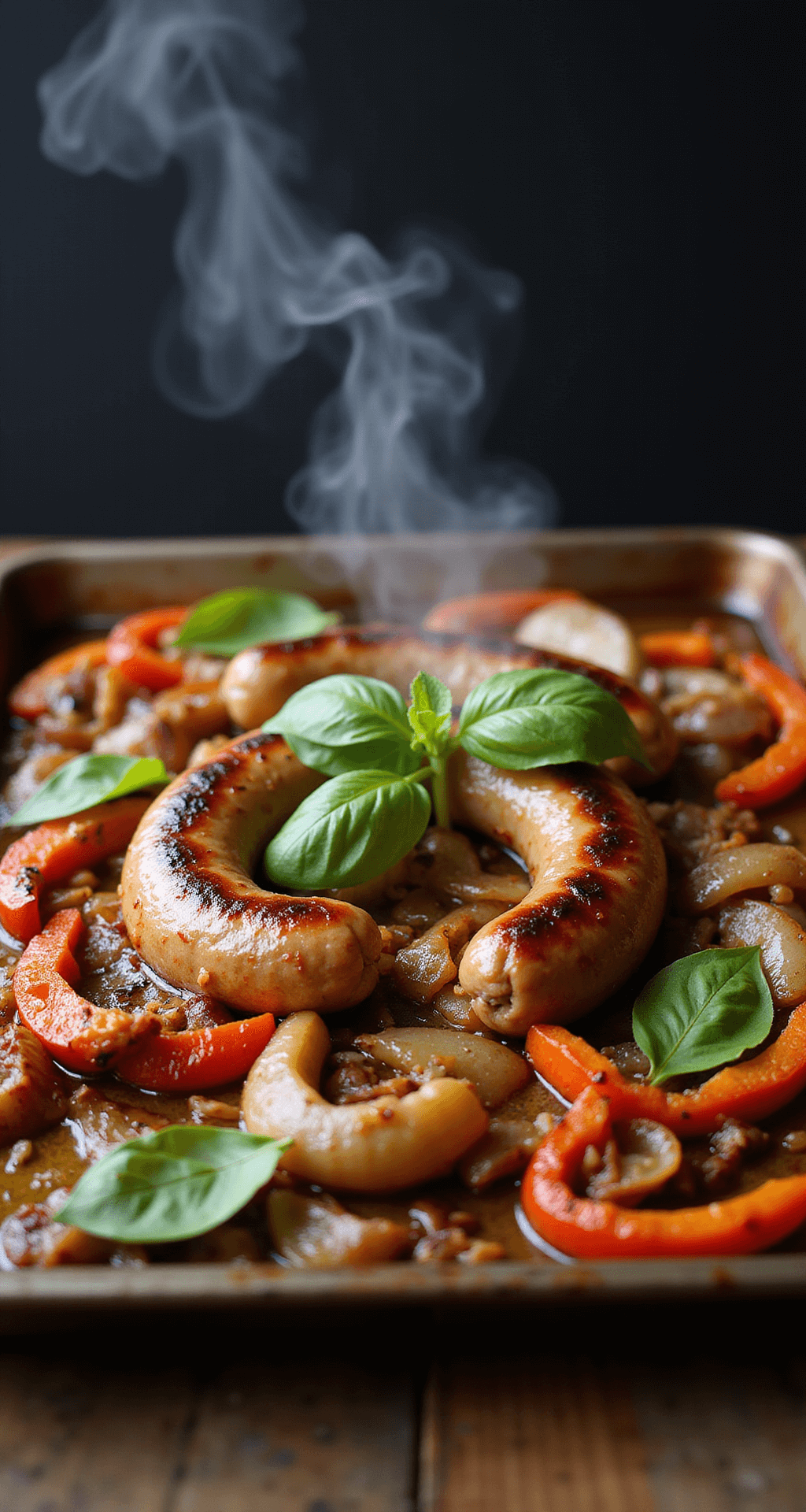 Baked Sausage and Peppers: The Ultimate One-Pan Dinner Sensation Close-up of a caramelized sheet pan dinner featuring golden-brown Italian sausages, roasted peppers and onions with charred edges, fresh basil leaves, and glistening olive oil against a dark background.