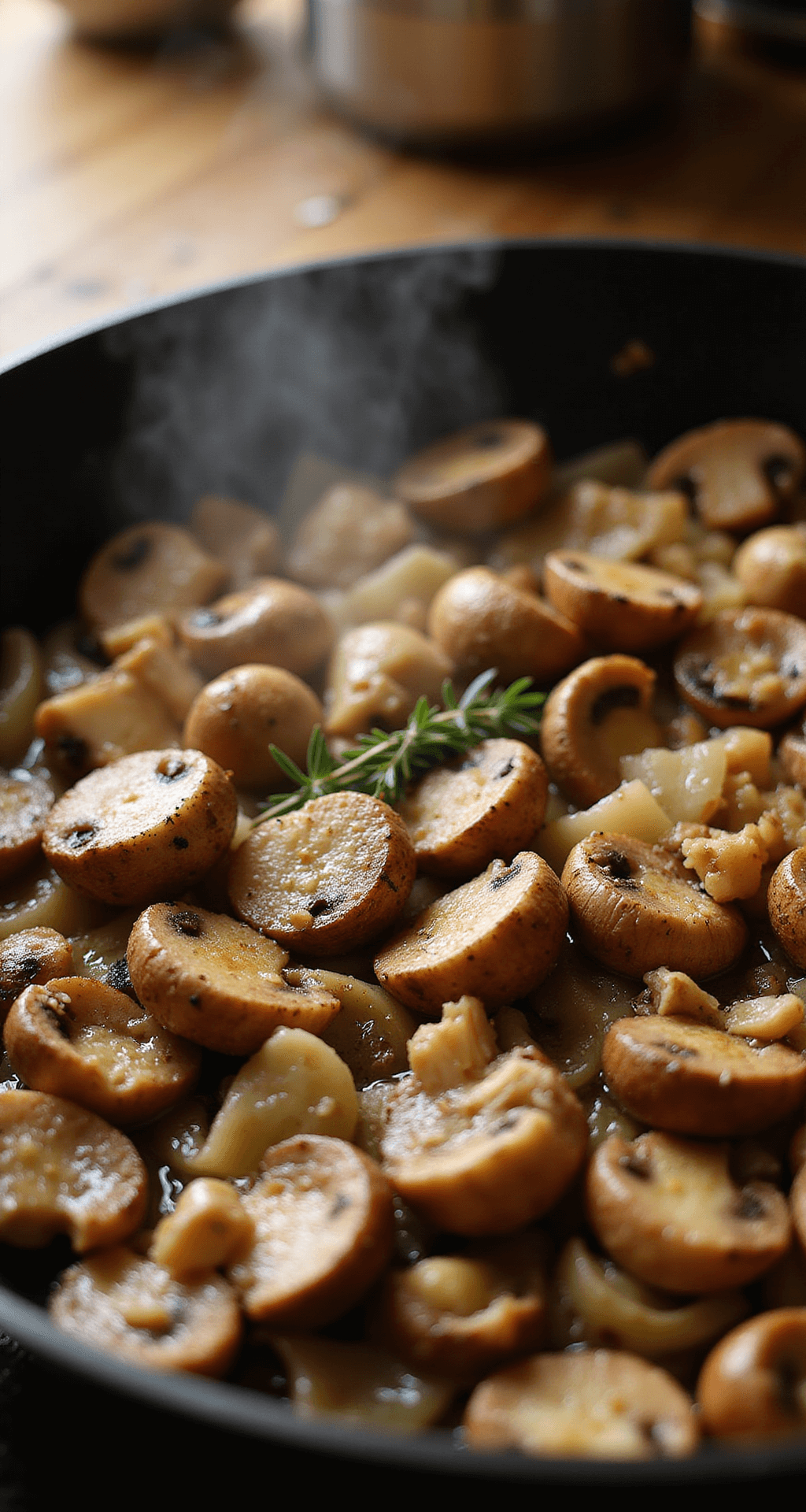 MUSHROOM AND SWISS STUFFED CHICKEN: A GOURMET WEEKNIGHT MASTERPIECE Close-up of sautéing cremini mushrooms and onions in a cast iron skillet, caramelized and golden-brown, with minced garlic and fresh thyme, in warm lighting with steam rising.