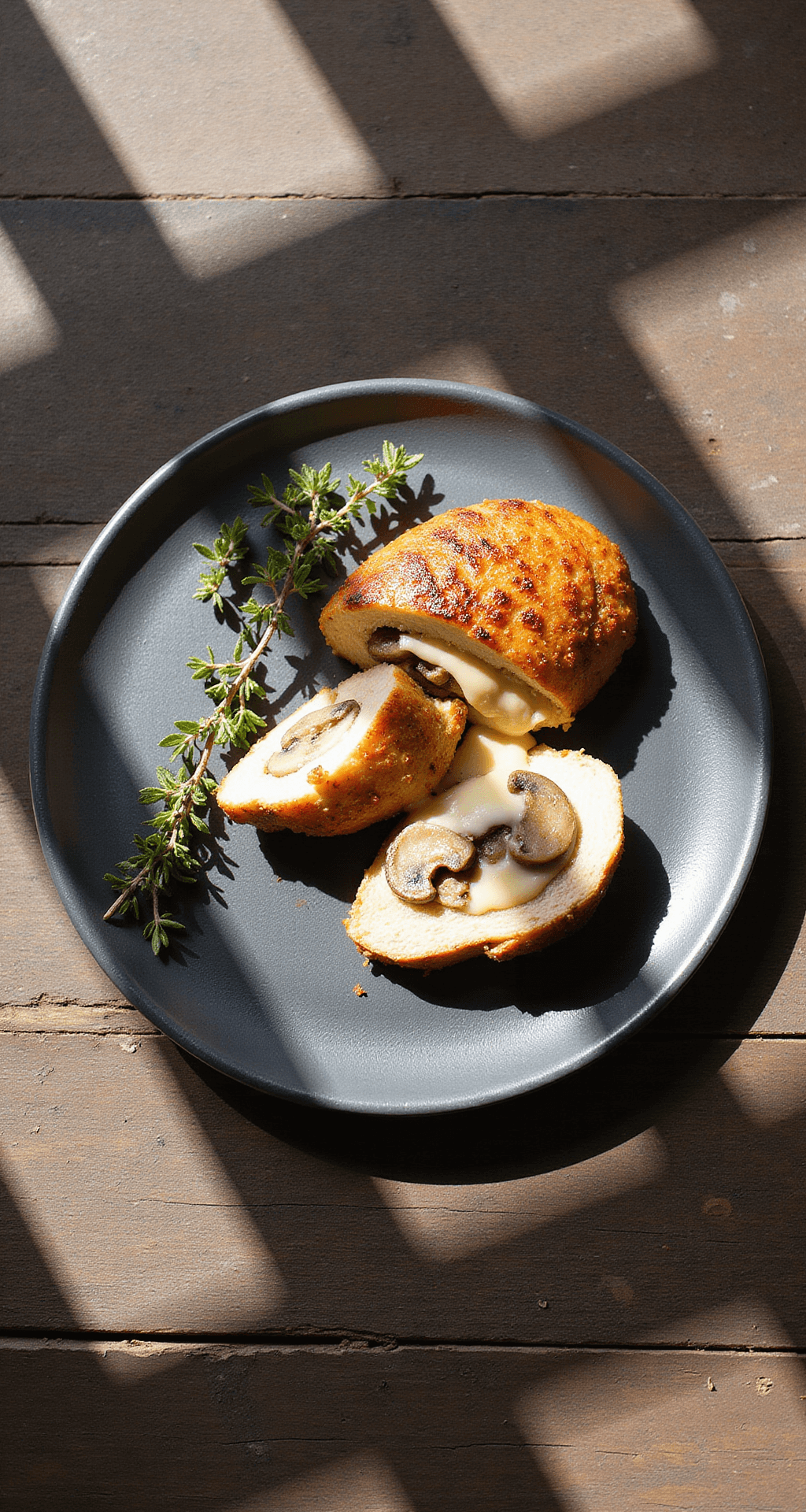 MUSHROOM AND SWISS STUFFED CHICKEN: A GOURMET WEEKNIGHT MASTERPIECE Overhead view of a sliced golden-brown stuffed chicken breast revealing melted Swiss cheese and mushroom filling, served on a slate plate with fresh thyme garnish, on a rustic wooden table.