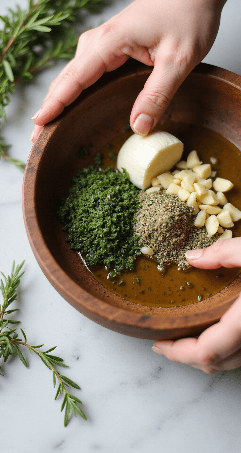 HERB ROASTED PORK TENDERLOIN: THE ULTIMATE EASY DINNER HERO Close-up of hands mixing fresh herbs, minced garlic, and olive oil in a rustic bowl, with rosemary and thyme nearby on a marble countertop.