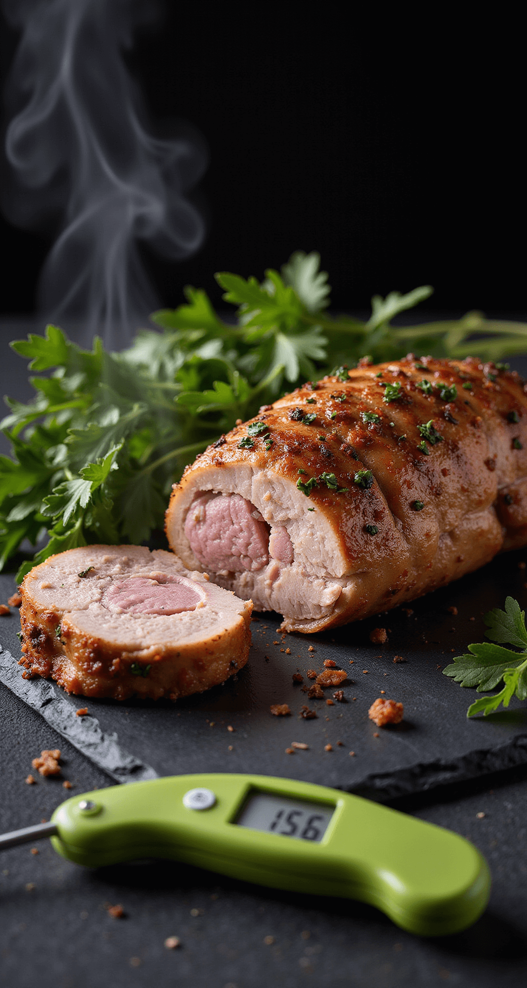 HERB ROASTED PORK TENDERLOIN: THE ULTIMATE EASY DINNER HERO Perfectly roasted pork tenderloin on a dark slate surface, with steam rising and a golden-brown crust. A cut reveals a juicy, slightly pink center, while a meat thermometer shows 145°F. Fresh herb garnishes are arranged with dramatic side lighting.