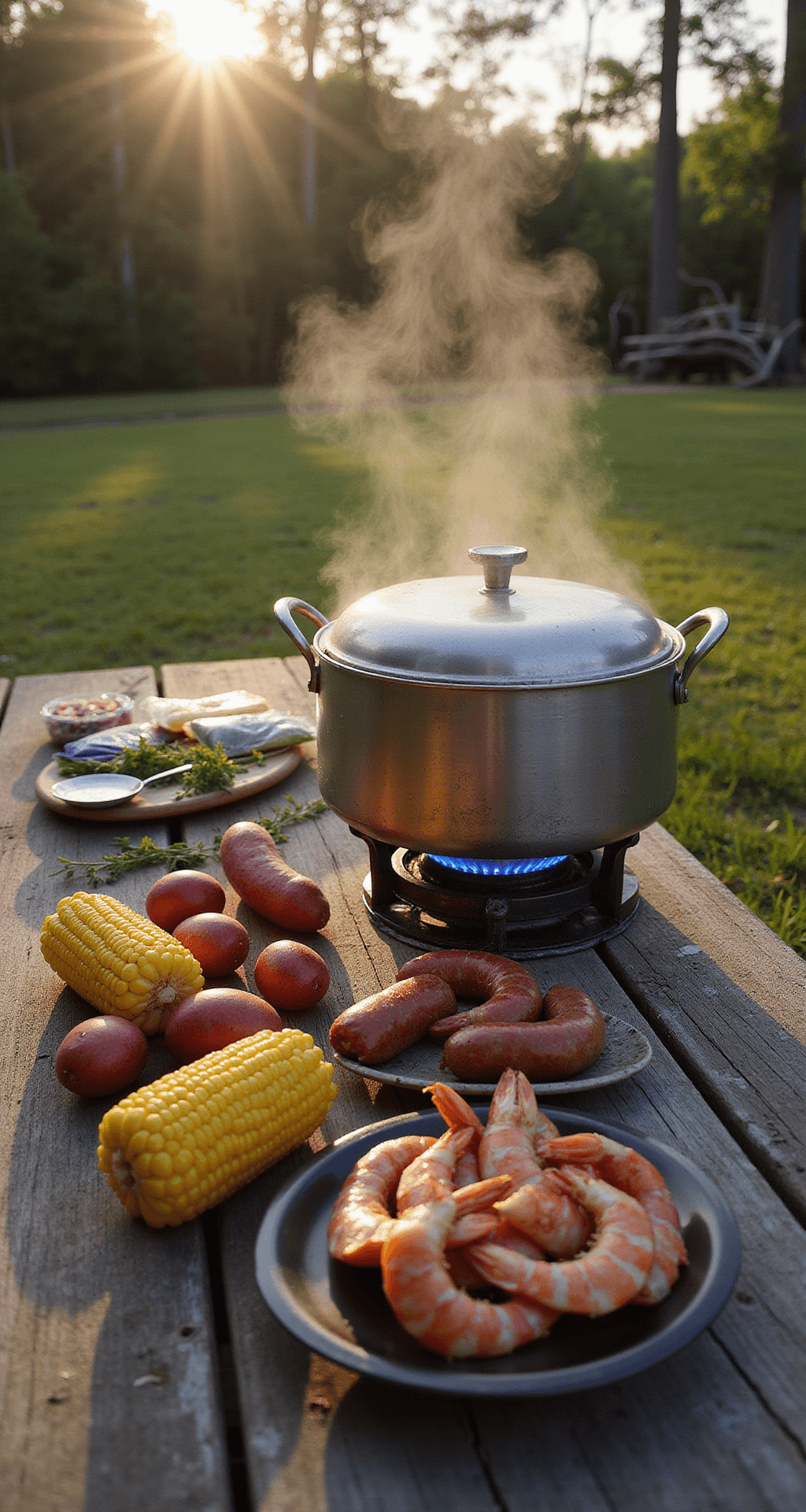 Low Country Boil: A Mouthwatering One-Pot Seafood Extravaganza A rustic outdoor cooking setup with a large silver stockpot on a blue-flamed propane burner, surrounded by fresh ingredients including red potatoes, shell-on shrimp, corn, and andouille sausage, with scattered lemons, herbs, and Cajun seasoning packets in warm afternoon light.
