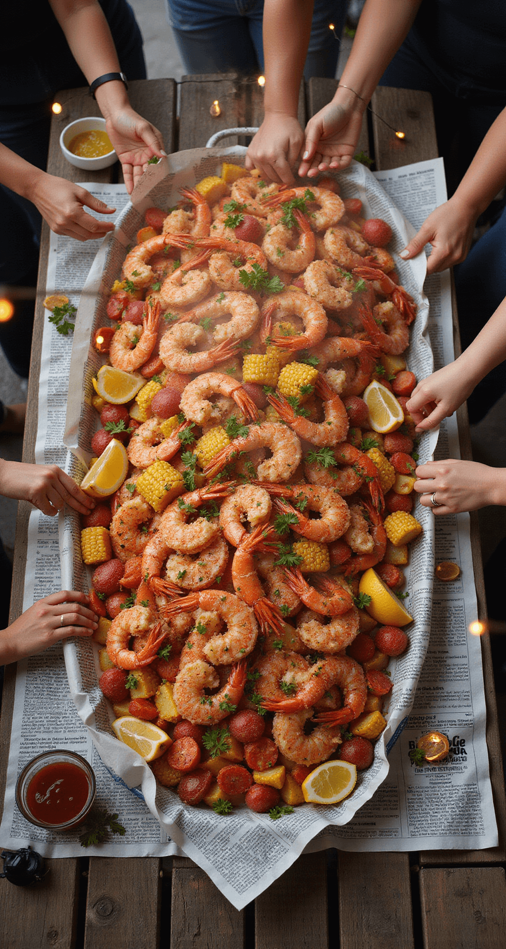 Low Country Boil: A Mouthwatering One-Pot Seafood Extravaganza An overhead view of a festive seafood feast on a newspaper-covered picnic table at dusk, featuring shrimp, crab legs, corn, and potatoes glistening with butter, surrounded by parsley and lemon wedges, with warm string lights above and hands reaching for food.