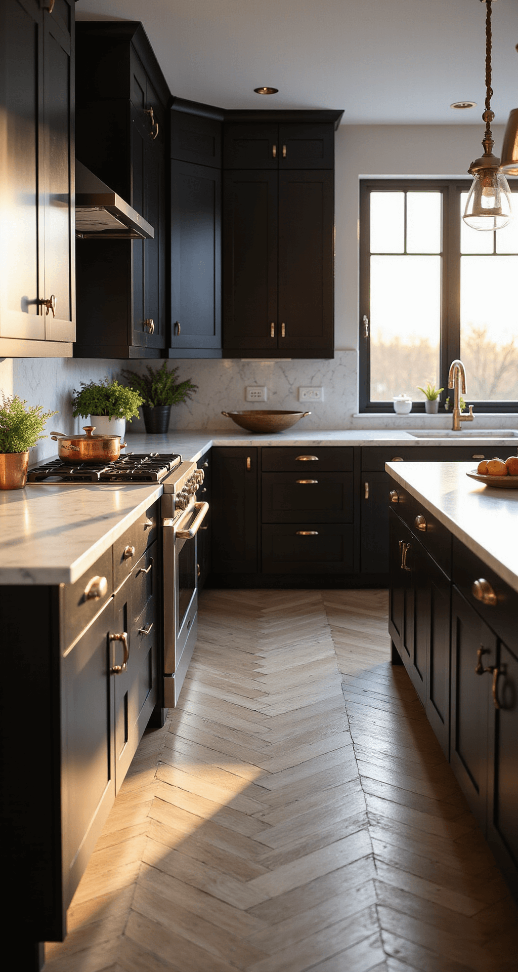 Black Kitchen Cabinets: Unleashing Dramatic Style in Your Culinary Space A modern black kitchen featuring matte black cabinets, Carrara marble countertops, and brass pendant lights, bathed in warm sunset light with white oak herringbone floors, copper cookware, and fresh herbs.