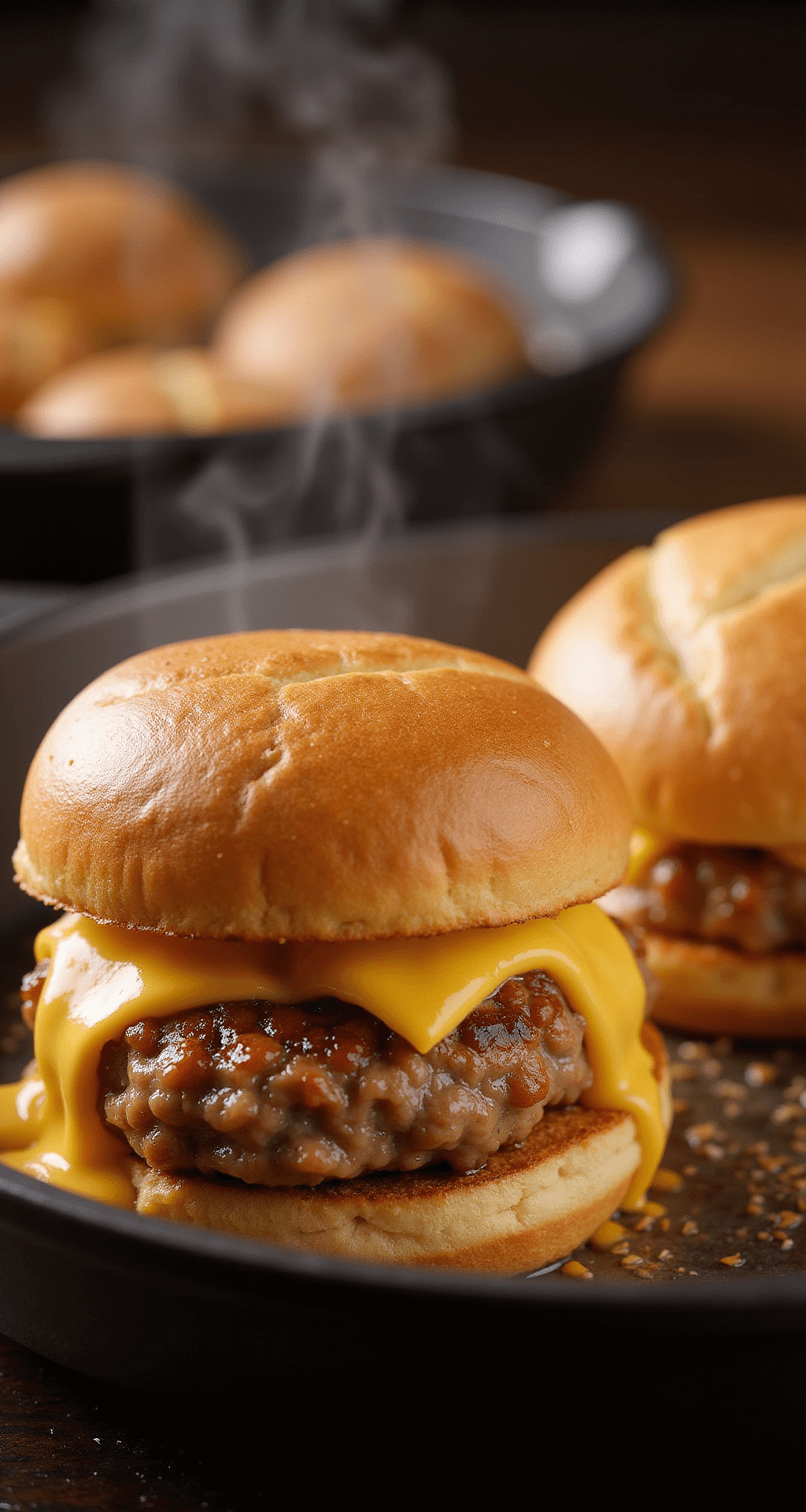 TURKEY BURGER SLIDERS: Easy, Juicy Mini Burgers Perfect for Any Occasion Close-up of sizzling turkey slider patties in a cast-iron skillet, golden-brown with melting cheese, alongside butter-toasted brioche buns, with warm lighting enhancing the scene.