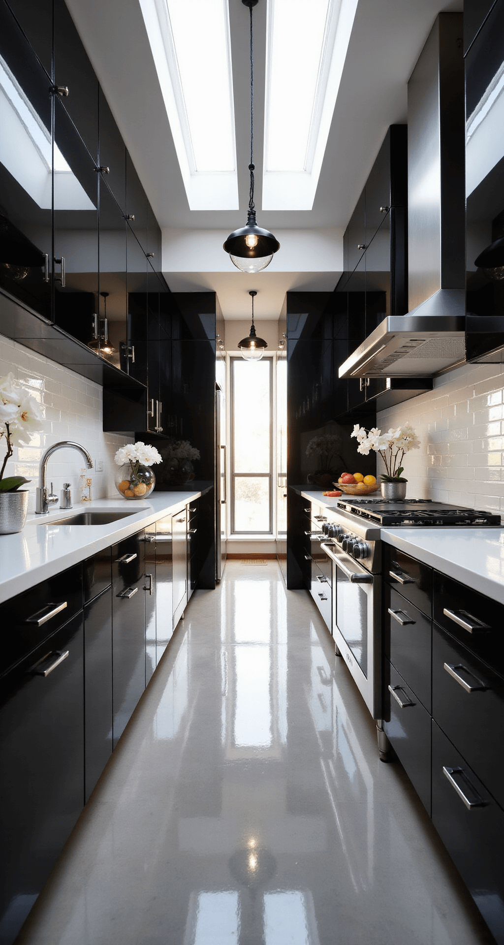 Black Kitchen Cabinets: Unleashing Dramatic Style in Your Culinary Space A narrow galley kitchen featuring glossy black cabinets and stainless steel appliances, illuminated by morning light from skylights, with a white subway tile backsplash reaching the ceiling, glass canisters, a metallic fruit bowl, and white orchids, all under industrial pendant lights.
