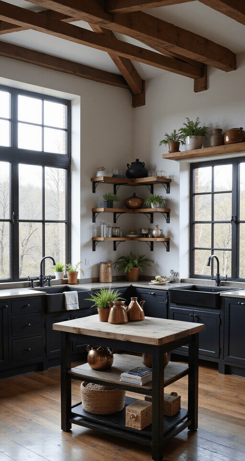 Black Kitchen Cabinets: Unleashing Dramatic Style in Your Culinary Space A rustic-modern black kitchen featuring lower black cabinets and white upper shelving, illuminated by late afternoon light through industrial windows, with a reclaimed wood island and vintage decor elements like copper pots and potted herbs.