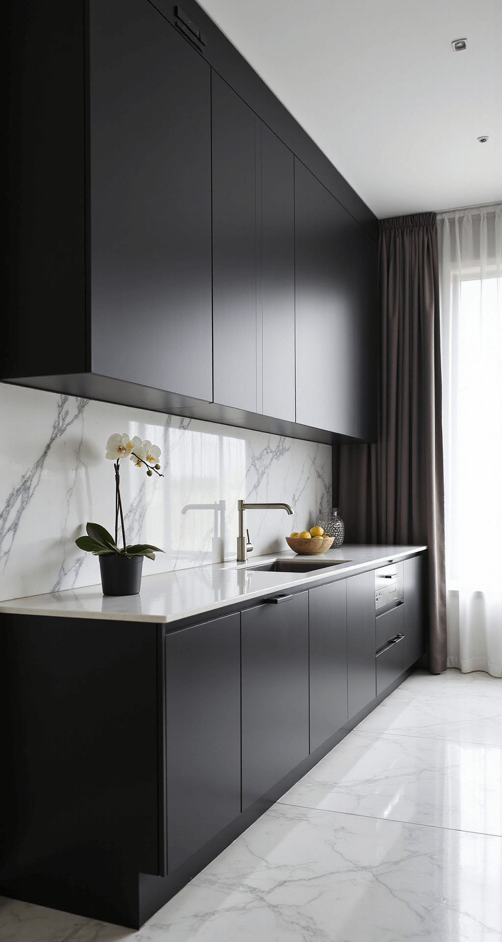 Black Kitchen Cabinets: Unleashing Dramatic Style in Your Culinary Space A contemporary open-concept kitchen featuring floor-to-ceiling black cabinets, a book-matched marble backsplash and counters, and diffused daylight through sheer curtains, with minimal styling including a single orchid stem and a geometric fruit bowl.