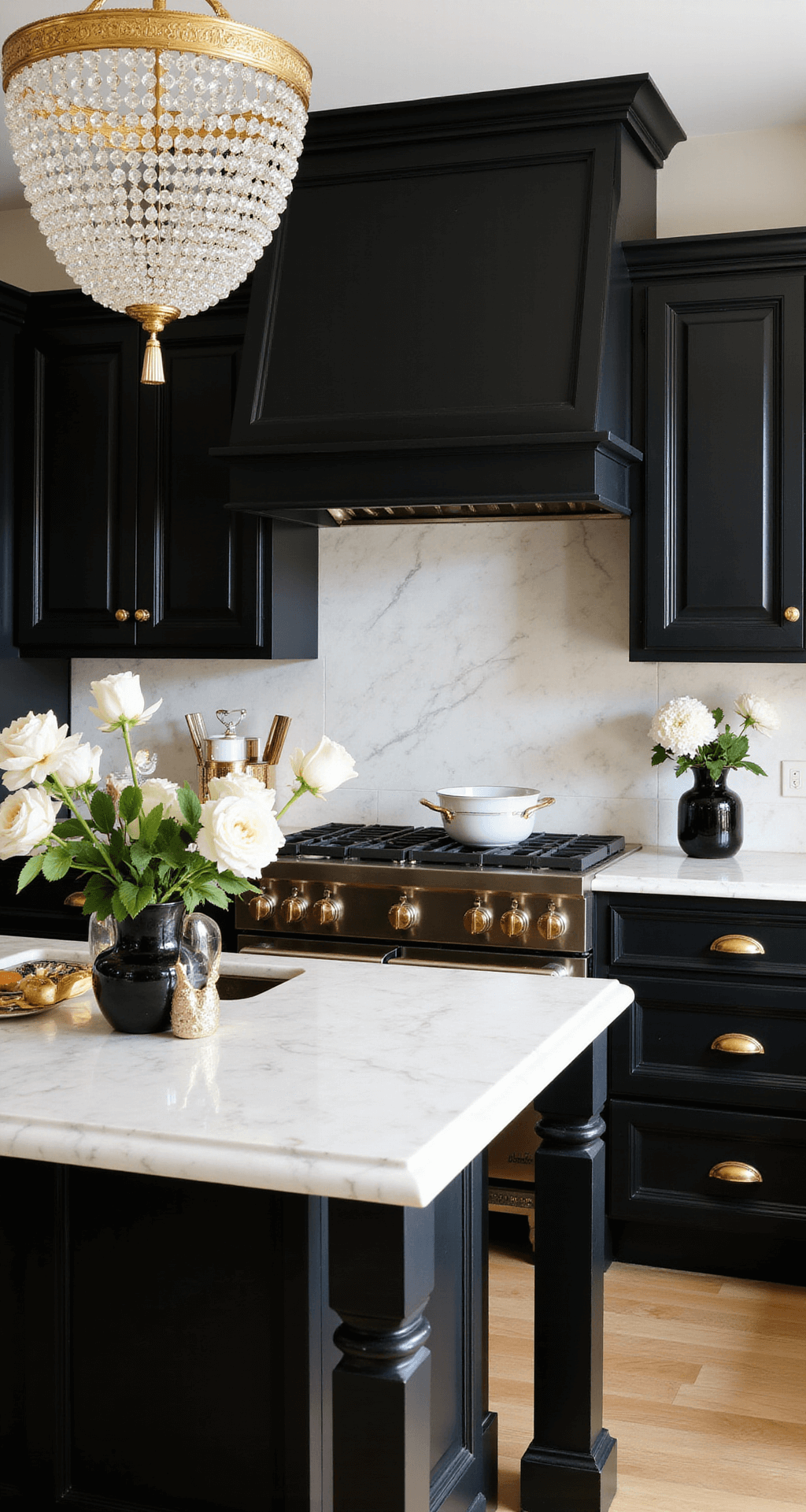 Black Kitchen Cabinets: Unleashing Dramatic Style in Your Culinary Space A luxurious kitchen featuring black shaker cabinets with gold hardware, a crystal chandelier above a marble island, and morning light highlighting gold-rimmed glassware and fresh flowers in black vases.
