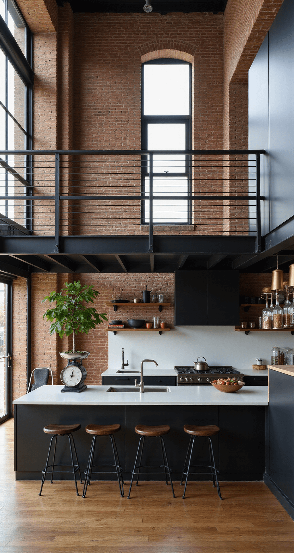 Black Kitchen Cabinets: Unleashing Dramatic Style in Your Culinary Space A spacious double-height industrial kitchen with matte black cabinets and an exposed brick wall, featuring black steel shelving with copper and brass accents. The view is from a mezzanine level, showcasing vintage scales, industrial lighting, and a potted fiddle leaf fig, all illuminated by natural light from large industrial windows.