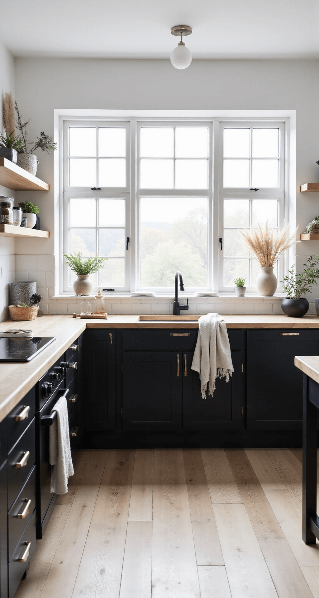 Black Kitchen Cabinets: Unleashing Dramatic Style in Your Culinary Space A bright Scandinavian kitchen featuring black lower cabinets and natural wood upper cabinets, with floor-to-ceiling windows, pale oak floors, and a butcher block island, styled with ceramic pottery, linen textiles, and dried grasses in a soft black, natural oak, and white color palette.