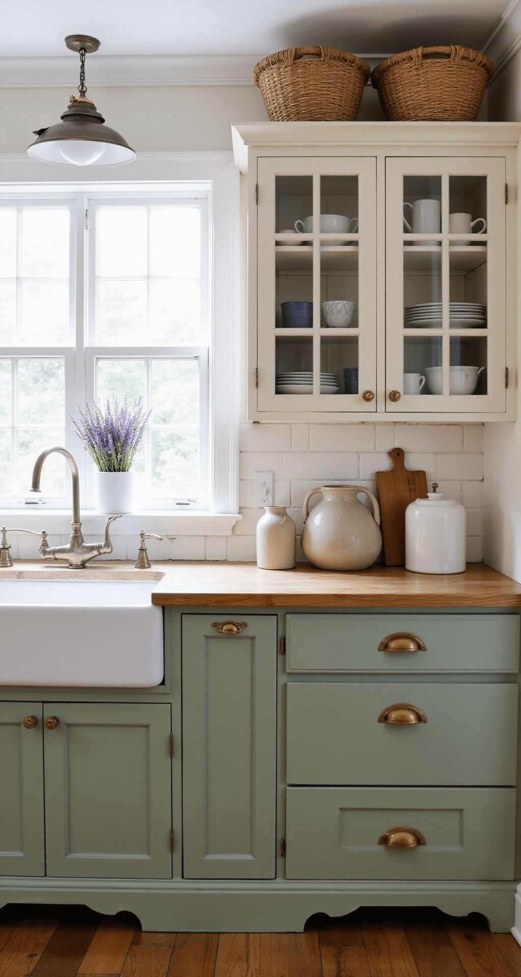 Kitchen Cabinets: Your Ultimate Styling and Photography Guide A rustic kitchen featuring sage green lower cabinets and creamy white upper cabinets with vintage glass fronts. Morning light streams through windows, highlighting the symmetrical cabinet arrangement. Decor includes woven baskets, earthenware crocks, and dried lavender. The warm wide plank oak flooring complements the natural textures.