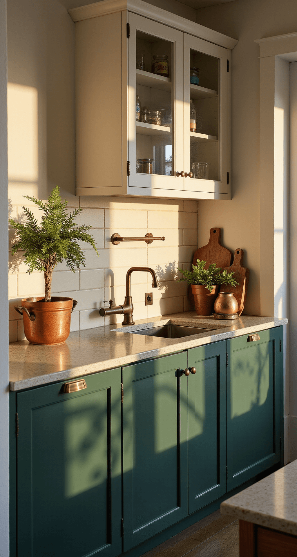 Two-Tone Kitchen Cabinets: Transforming Your Space with Color Magic Cozy galley kitchen with matte forest green lower cabinets and white upper cabinets with glass fronts, featuring quartz countertops, antique brass fixtures, and handmade cream tiles. The scene is bathed in golden hour light, highlighting vintage copper cookware and potted ferns.
