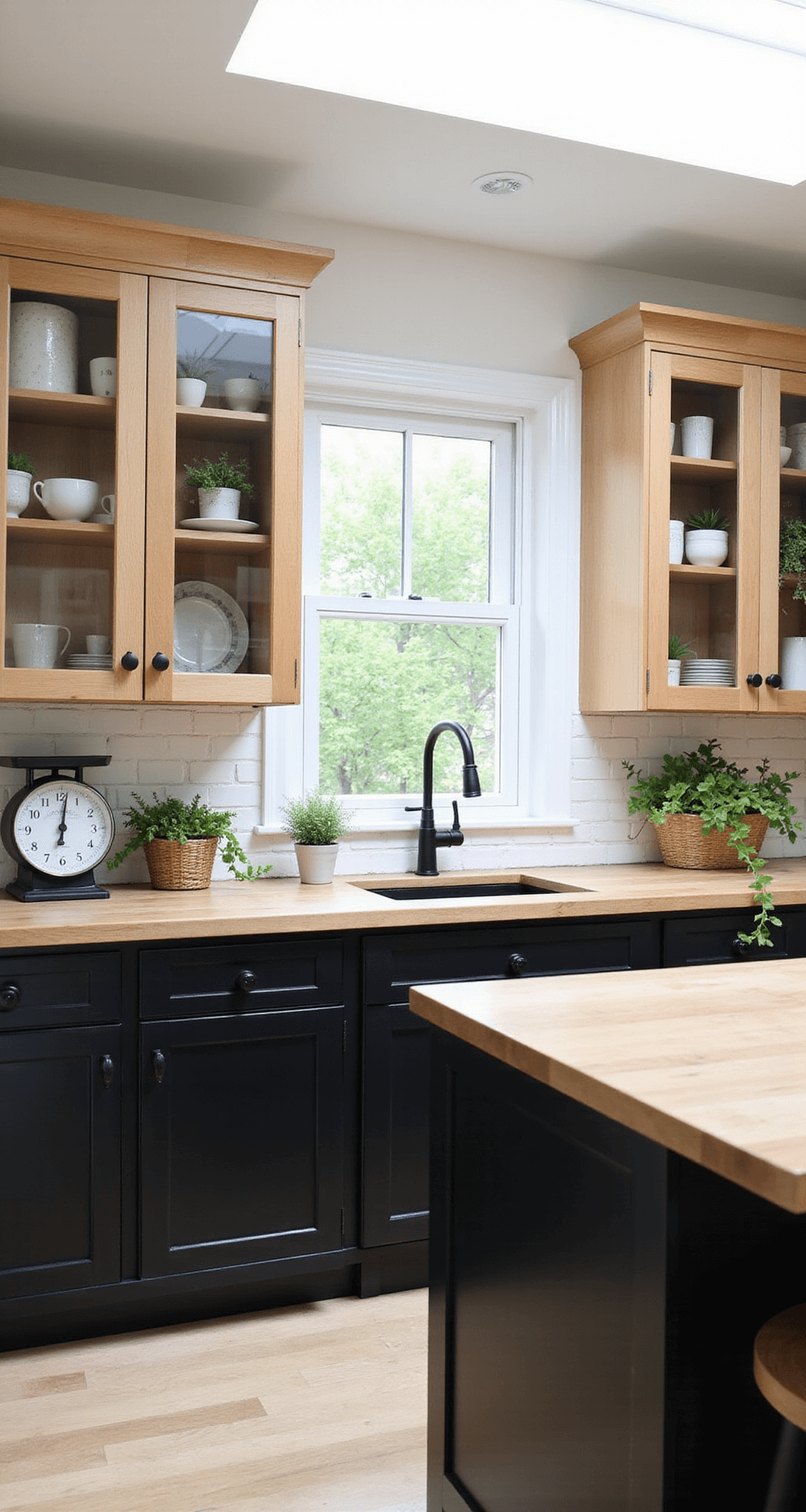 Two-Tone Kitchen Cabinets: Transforming Your Space with Color Magic Modern farmhouse kitchen featuring a two-tone design with black lower cabinets and white oak upper cabinets, a large black center island with a butcher block top, a white painted brick backsplash, and matte black hardware. The space is illuminated by soft diffused light from a skylight, with decor including woven baskets, vintage scales, and trailing plants, viewed from an elevated angle to showcase the layout.