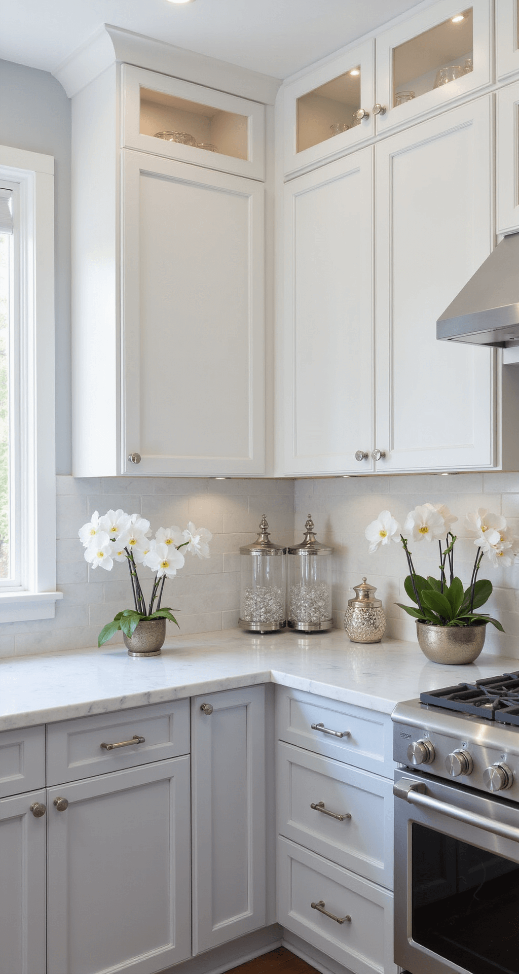 Two-Tone Kitchen Cabinets: Transforming Your Space with Color Magic A transitional kitchen featuring soft gray lower cabinets and white upper cabinets in pearl finish, with Carrara marble countertops and full-height backsplash, illuminated by morning light and recessed lighting, styled with white orchids, crystal decanters, and silver serving pieces.