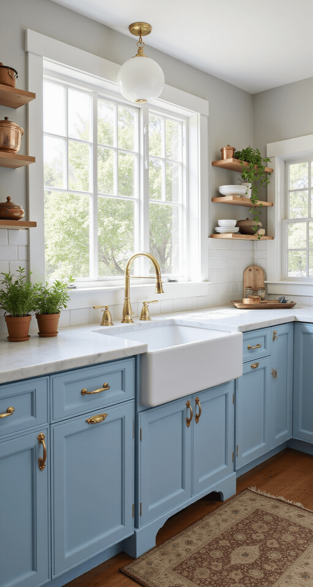 Blue Kitchen Cabinets: Transform Your Kitchen with Stunning Blue Hues A bright coastal-style kitchen featuring blue Shaker cabinets, white Carrara marble countertops, a farmhouse sink, and brass hardware, bathed in morning sunlight with a vintage rug and natural decor elements.