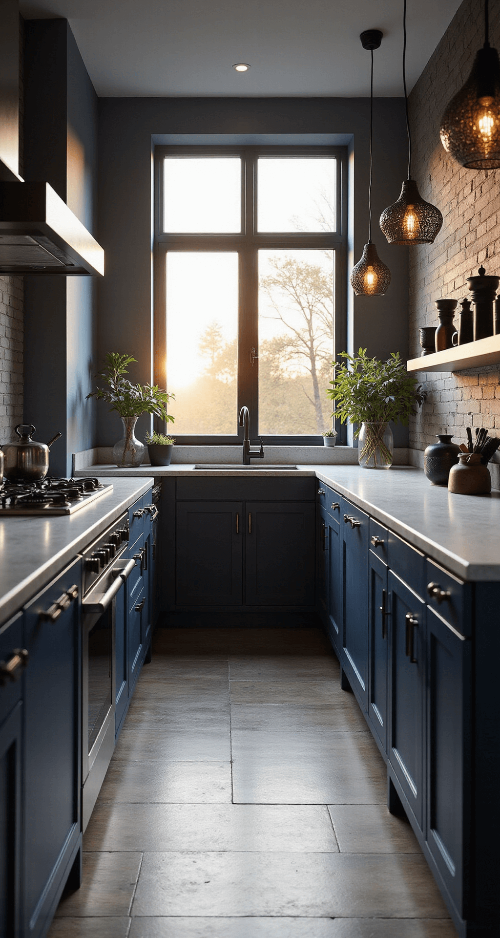 Blue Kitchen Cabinets: Transform Your Kitchen with Stunning Blue Hues An intimate modern galley kitchen featuring midnight blue flat-panel cabinets, white quartz waterfall countertops, and matte black hardware, illuminated by golden hour light through floor-to-ceiling windows, with geometric pendant lights casting shadows, styled with minimalist accessories.