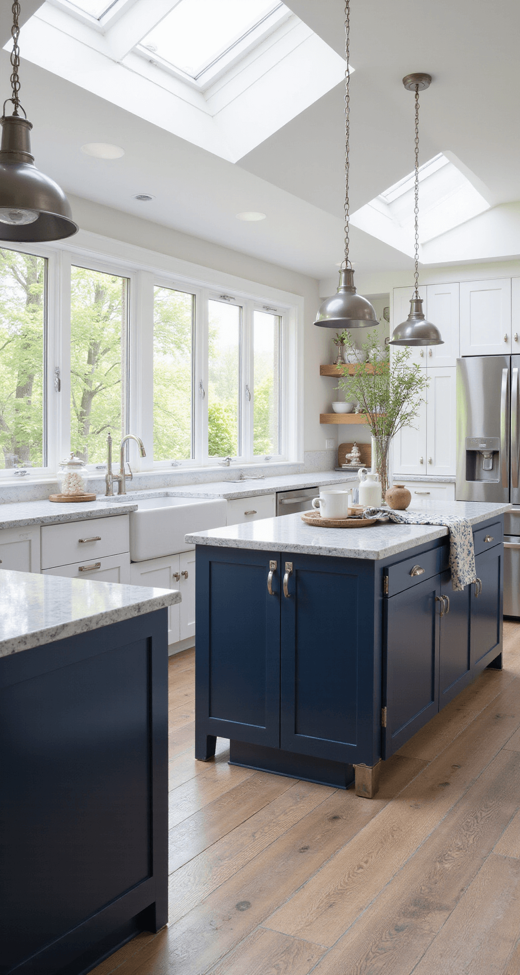 Blue Kitchen Cabinets: Transform Your Kitchen with Stunning Blue Hues Aerial view of a spacious transitional kitchen featuring navy blue lower cabinets and white upper cabinets, illuminated by afternoon light through skylights. The large island with grey veined quartz is complemented by polished nickel hardware and industrial pendant lights. Styled with white ceramics, glass canisters, and a vintage runner, the space showcases a modern yet inviting ambiance.
