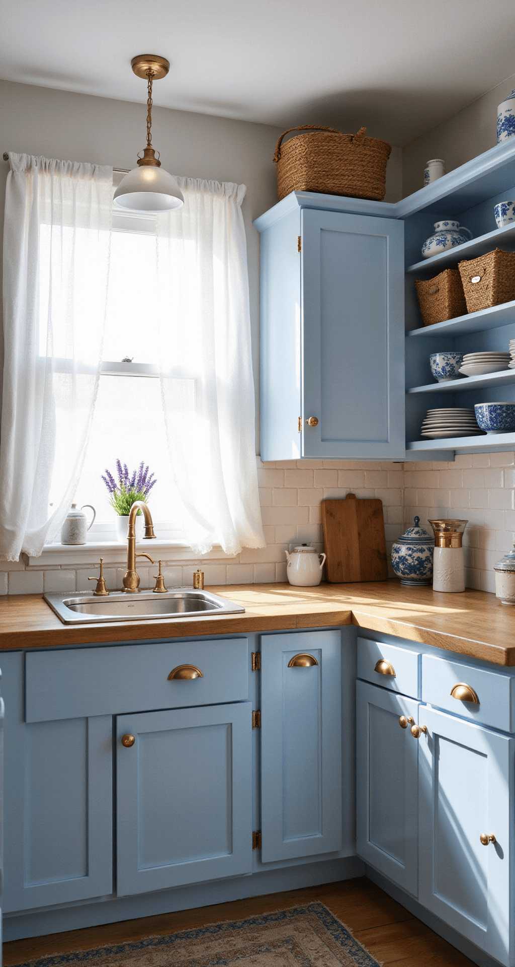 Blue Kitchen Cabinets: Transform Your Kitchen with Stunning Blue Hues A cozy beachy cottage kitchen featuring sky blue cabinets, white subway tile backsplash, and butcher block counters, illuminated by early morning light through sheer curtains. The scene is styled with woven baskets, blue-and-white chinaware, and potted lavender, all captured at eye level to highlight intimate details.