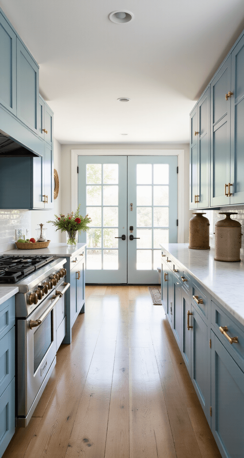 Blue Kitchen Cabinets: Transform Your Kitchen with Stunning Blue Hues A bright modern farmhouse kitchen featuring powder blue Shaker cabinets, white oak floors, and marble countertops, accented with aged brass pulls and stainless appliances, styled with vintage scales, earthenware crocks, and fresh market flowers, illuminated by mid-morning light through French doors.