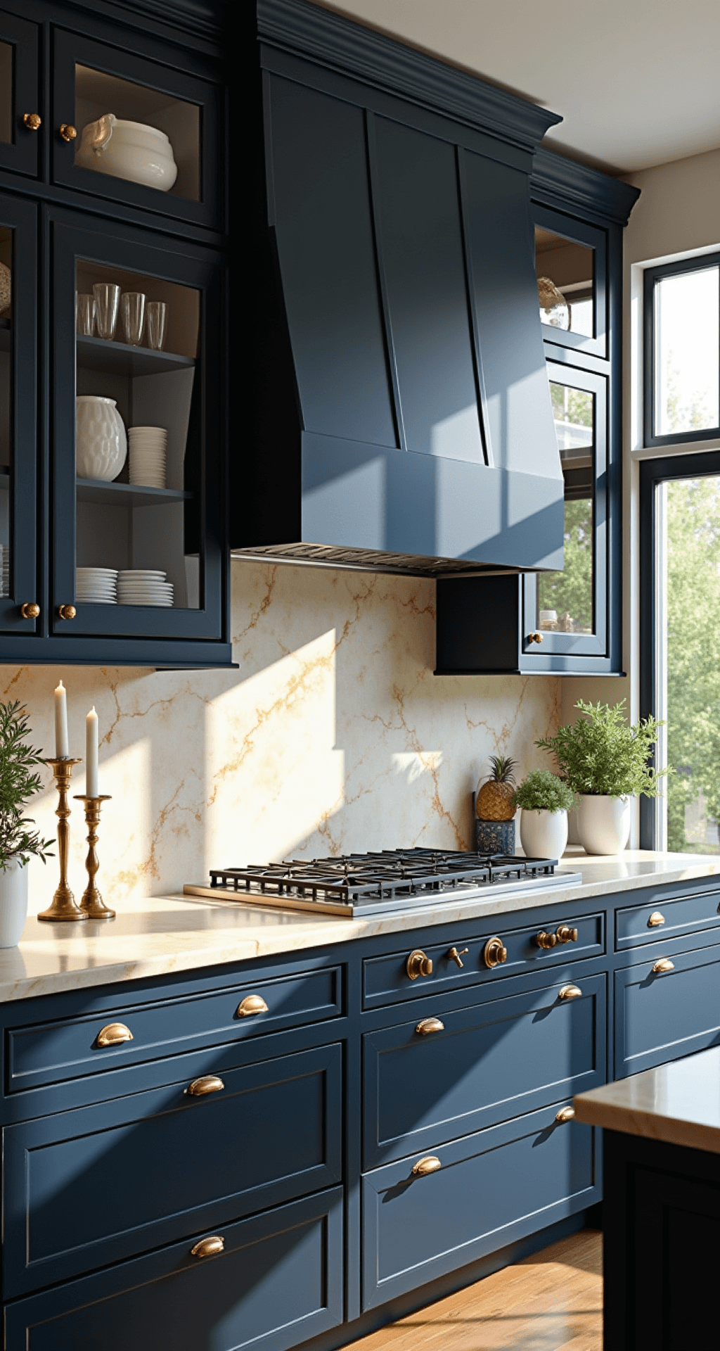 Blue Kitchen Cabinets: Transform Your Kitchen with Stunning Blue Hues Upscale kitchen with deep navy cabinets and glass-front uppers illuminated by afternoon sun, featuring Calacatta gold marble counters and antique brass hardware, styled with brass candlesticks and potted olive trees.