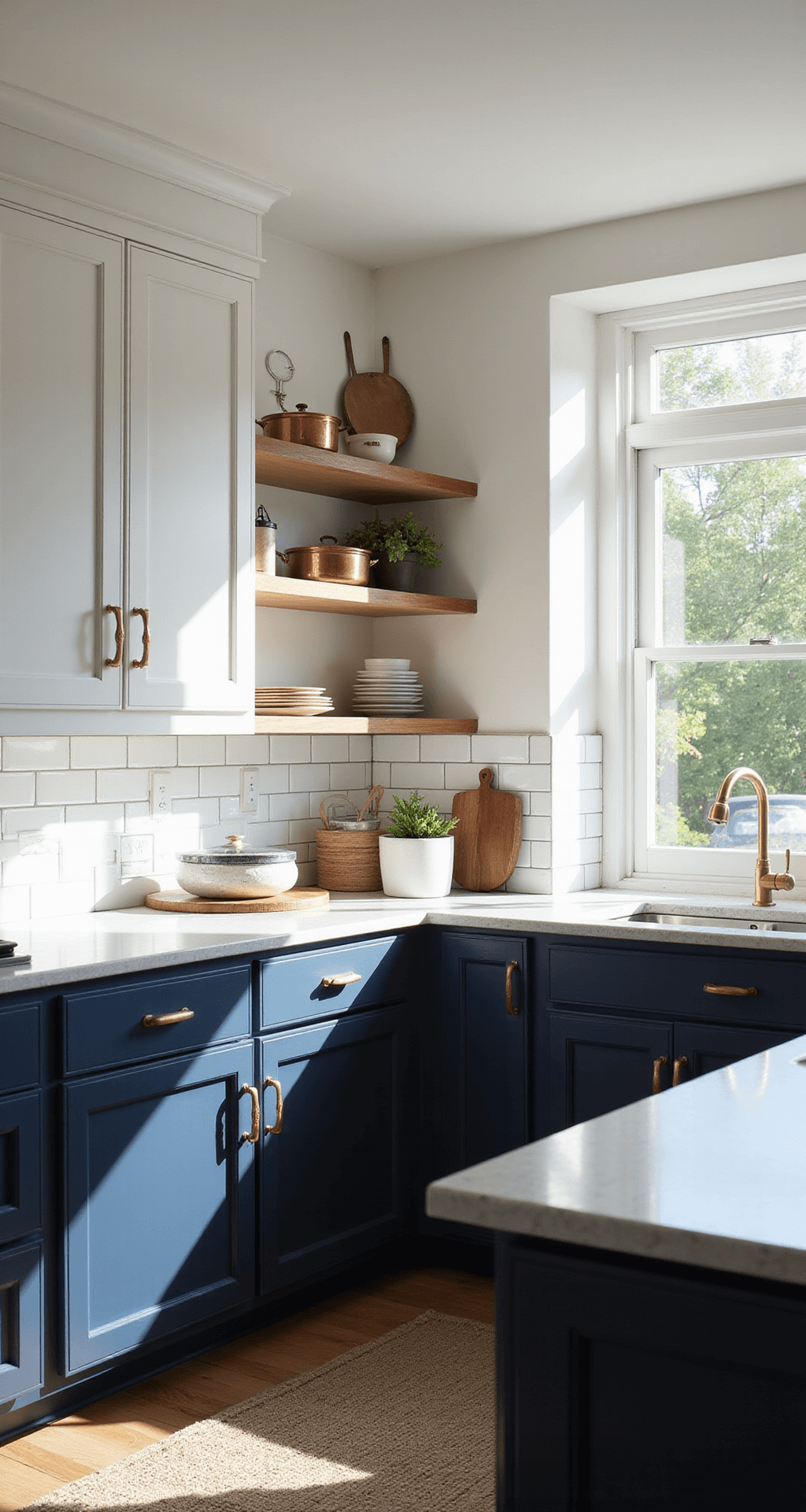 Ultimate DIY Kitchen Cabinet Makeover Guide: Transform Your Space in a Weekend Bright, airy kitchen featuring two-tone cabinets with white uppers and navy lowers, quartz countertops, and brass hardware. Morning sunlight streams through large windows, casting soft shadows on refinished cabinet faces. Copper cookware is artfully arranged on open shelving, complemented by a vintage runner for added texture. The image captures the dramatic transformation from before to after renovation, shot at counter height with a 28mm lens.