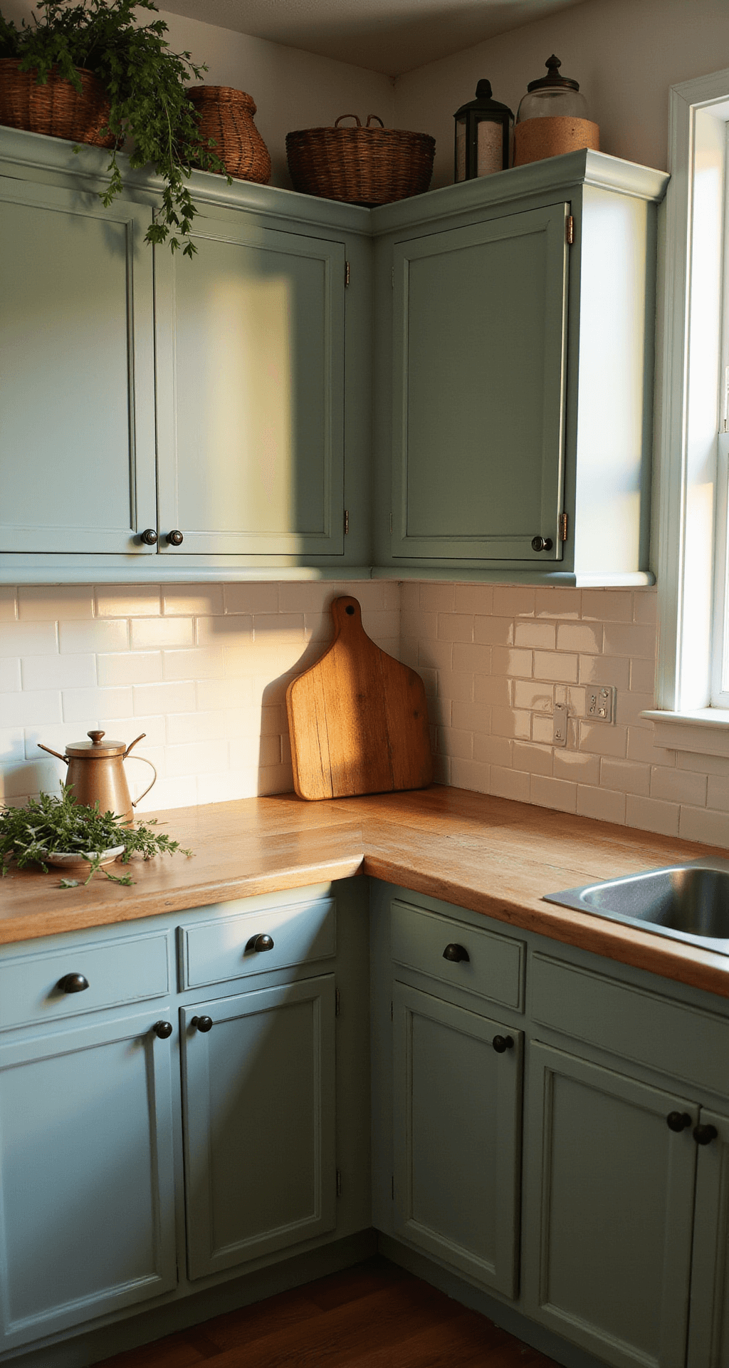 Ultimate DIY Kitchen Cabinet Makeover Guide: Transform Your Space in a Weekend Intimate view of a farmhouse kitchen corner with natural wood lower cabinets and sage green upper cabinets, featuring vintage glass knobs and a weathered cutting board against a subway tile backsplash, enhanced by woven baskets and dried herbs above, captured at golden hour.