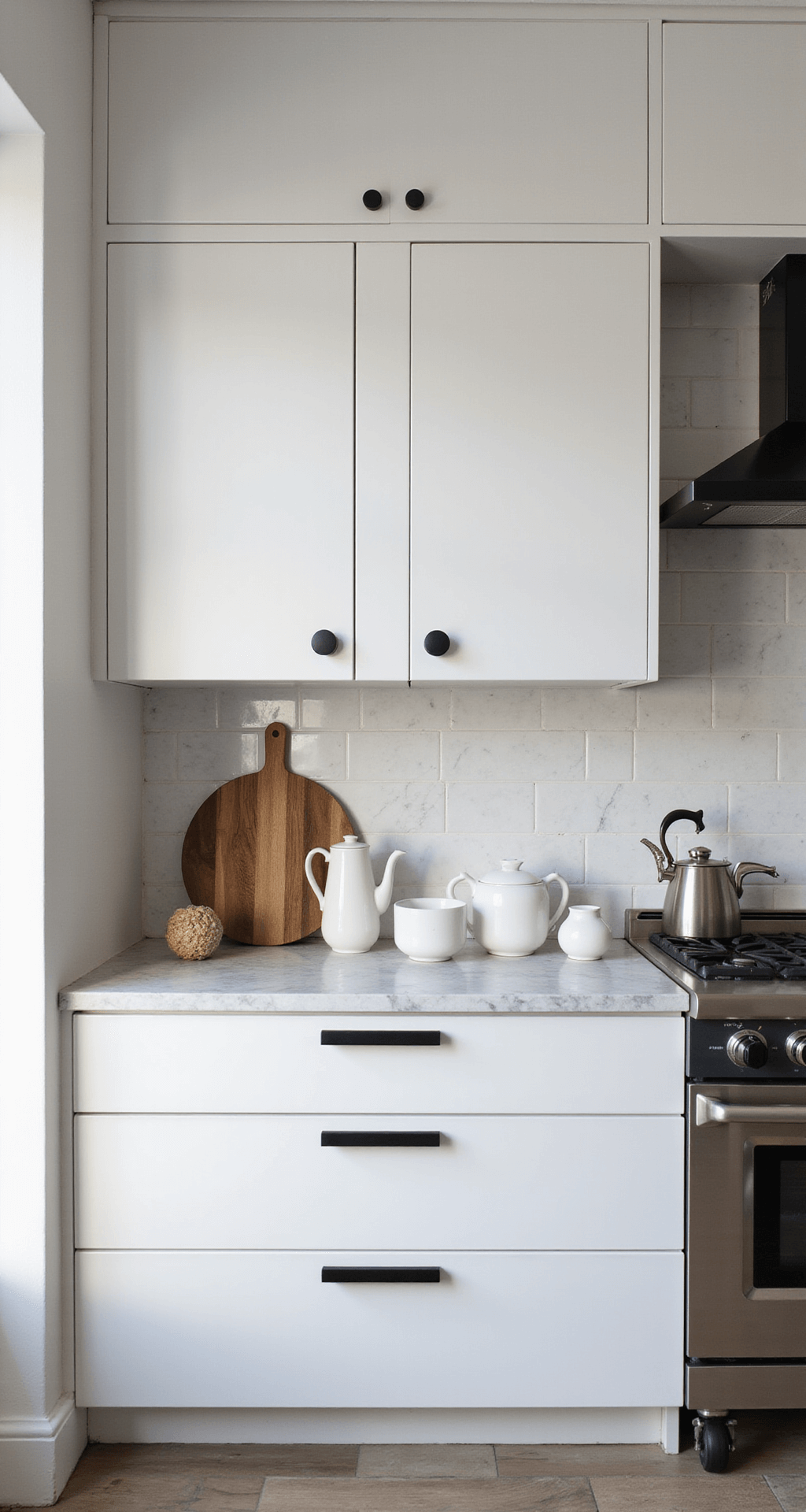 Ultimate DIY Kitchen Cabinet Makeover Guide: Transform Your Space in a Weekend Modern minimalist kitchen vignette featuring sleek white cabinetry, black matte hardware, marble countertops, and glossy subway tiles, styled with white ceramics and brushed steel appliances, captured from above at a 30-degree angle.