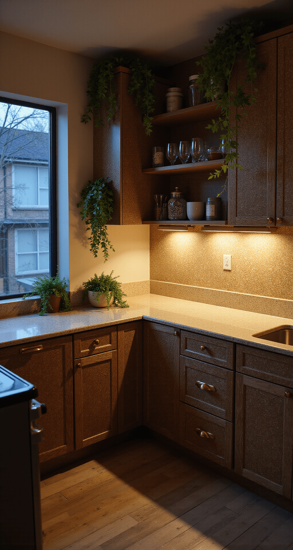 Ultimate DIY Kitchen Cabinet Makeover Guide: Transform Your Space in a Weekend A cozy kitchen nook during blue hour featuring transformed rental cabinets with a trendy terrazzo pattern, warm under-cabinet lighting, gold pulls, trailing plants, and vintage glassware, captured at eye level to highlight depth and texture in a moody atmosphere.