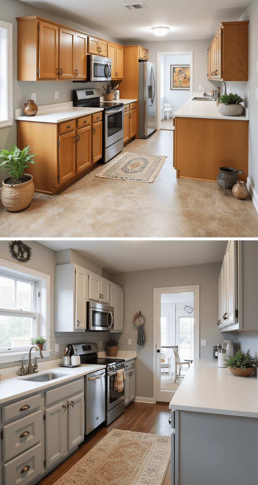 Ultimate DIY Kitchen Cabinet Makeover Guide: Transform Your Space in a Weekend Dramatic split-screen image of a galley kitchen renovation, featuring dated oak cabinets transformed with warm greige paint and elegant champagne bronze hardware, styled with textiles and artisanal pottery, captured in natural light to highlight the smooth finish.