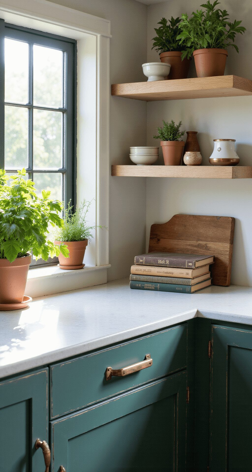 Ultimate DIY Kitchen Cabinet Makeover Guide: Transform Your Space in a Weekend Detail shot of sunlit kitchen showcasing open shelving with whitewashed oak, deep forest green lower cabinets with antiqued copper pulls, and dappled morning light filtering through potted herbs, styled with vintage ceramics and cookbooks.
