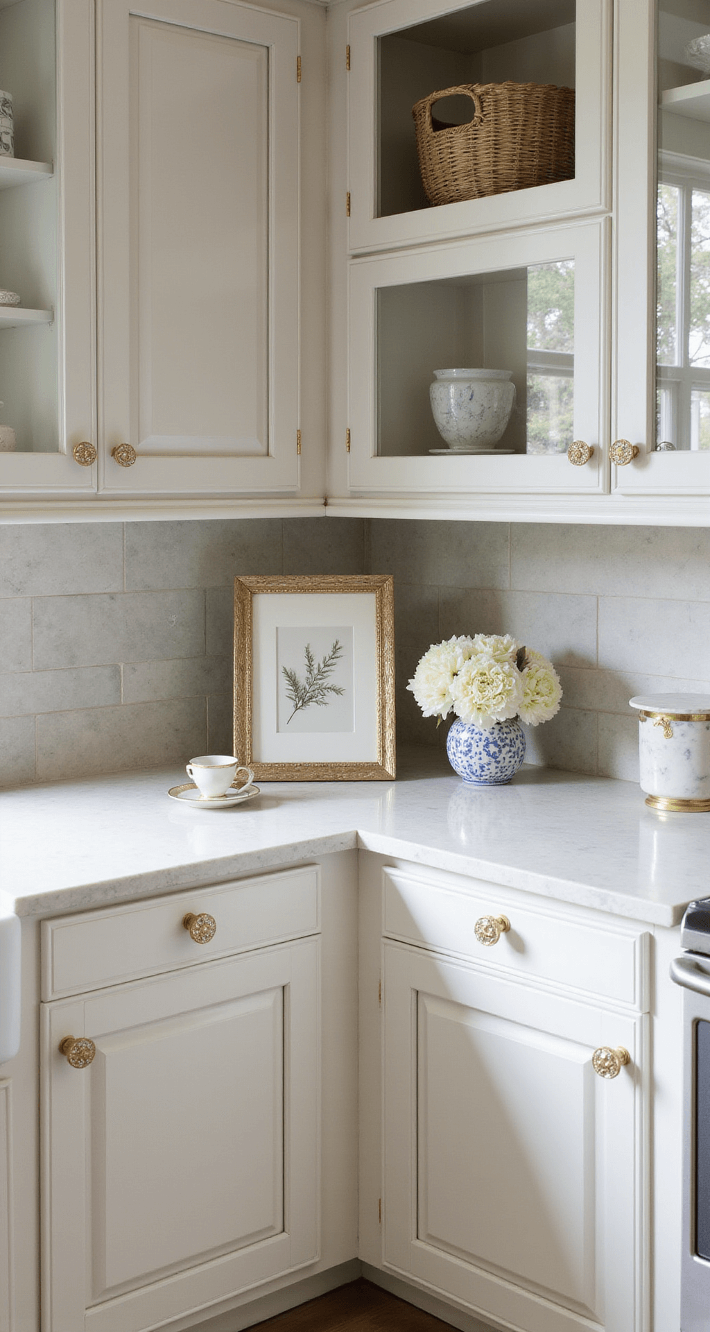 Ultimate DIY Kitchen Cabinet Makeover Guide: Transform Your Space in a Weekend A stylish corner cabinet vignette featuring white shaker cabinets with crystal knobs and brushed gold handles, accented by fresh flowers and marble accessories, illuminated by soft afternoon light streaming through café curtains.
