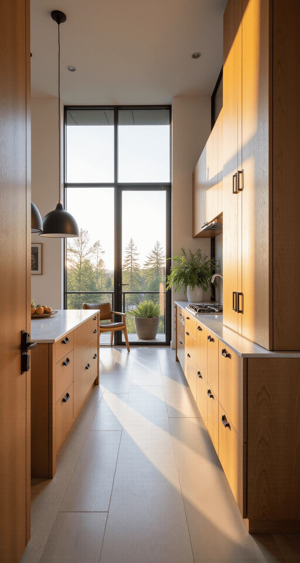 White Oak Kitchen Cabinets: Elevate Your Kitchen's Style and Functionality A modern kitchen featuring rift-cut white oak cabinets, marble waterfall island, and black matte hardware, illuminated by warm golden hour light through large west-facing windows.