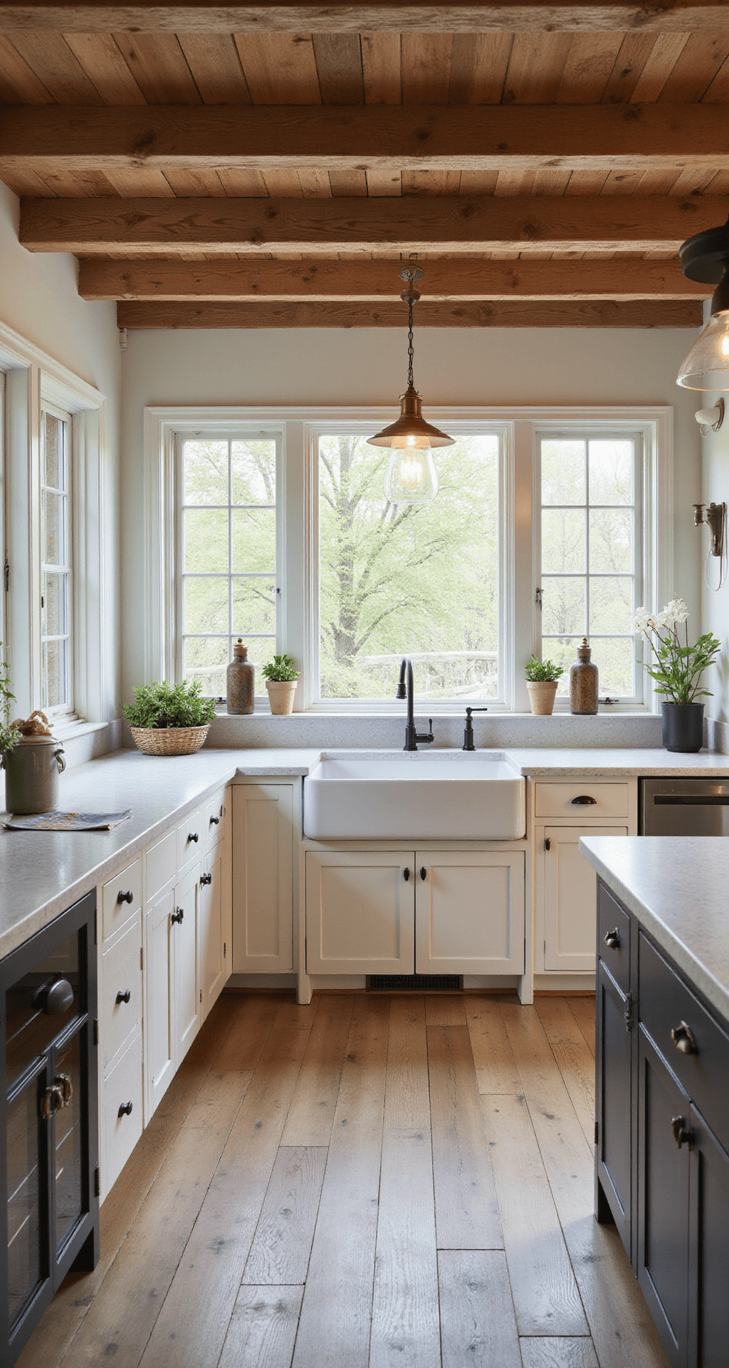 White Oak Kitchen Cabinets: Elevate Your Kitchen's Style and Functionality Bright and airy farmhouse kitchen featuring cerused white oak cabinets, raw wooden ceiling beams, and an oversized ceramic farmhouse sink, illuminated by vintage-style pendant lights in the morning light.