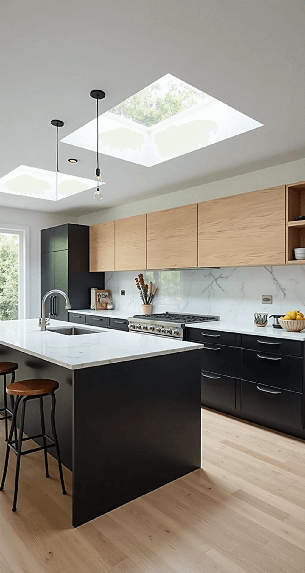 White Oak Kitchen Cabinets: Elevate Your Kitchen's Style and Functionality Contemporary open-concept kitchen featuring two-tone rift-cut white oak upper cabinets and matte black lower cabinets, viewed from the island perspective. Skylights provide diffused natural light, highlighting minimalist brushed steel pulls and the spatial flow of natural oak, deep black, and cool white elements.