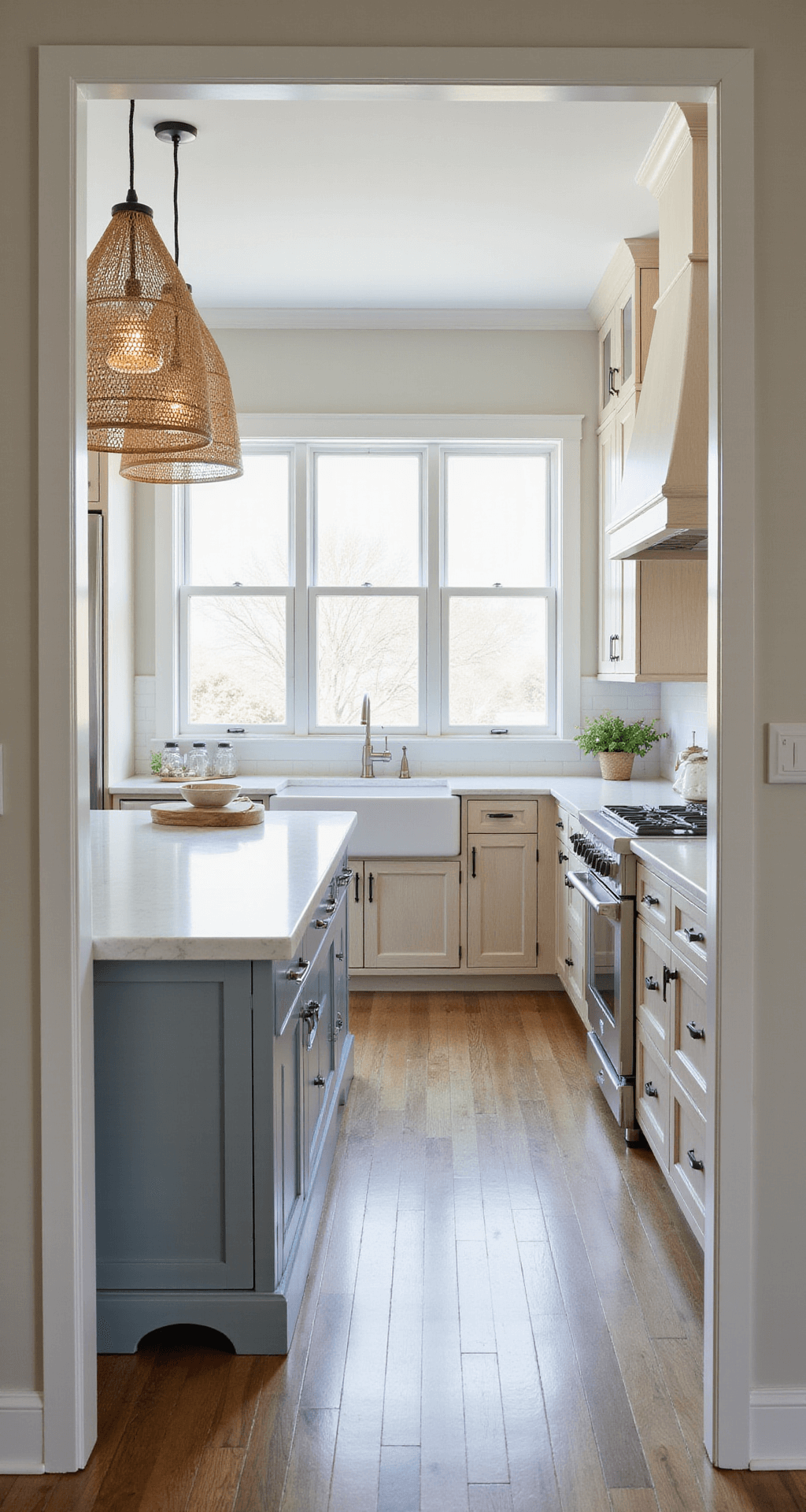 White Oak Kitchen Cabinets: Elevate Your Kitchen's Style and Functionality A bright coastal kitchen featuring limed white oak cabinets, a pale blue island, and white quartz countertops, illuminated by morning light and woven pendant lights, captured from the doorway to show the full layout.