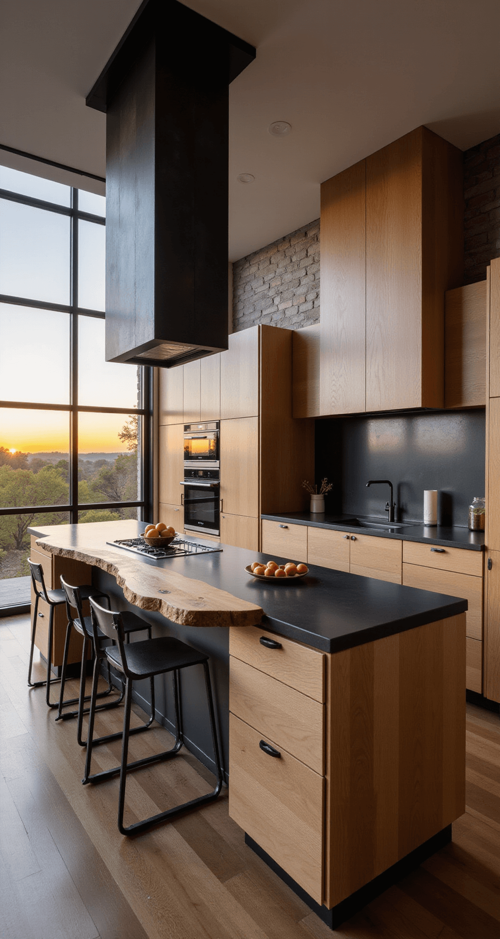 White Oak Kitchen Cabinets: Elevate Your Kitchen's Style and Functionality A modern kitchen featuring natural white oak cabinets with live edge details, black concrete countertops, and a sculptural hood in blackened steel, illuminated by dramatic side lighting at sunset, showcasing a warm palette of oak, charcoal, matte black, and accents of oxidized copper.