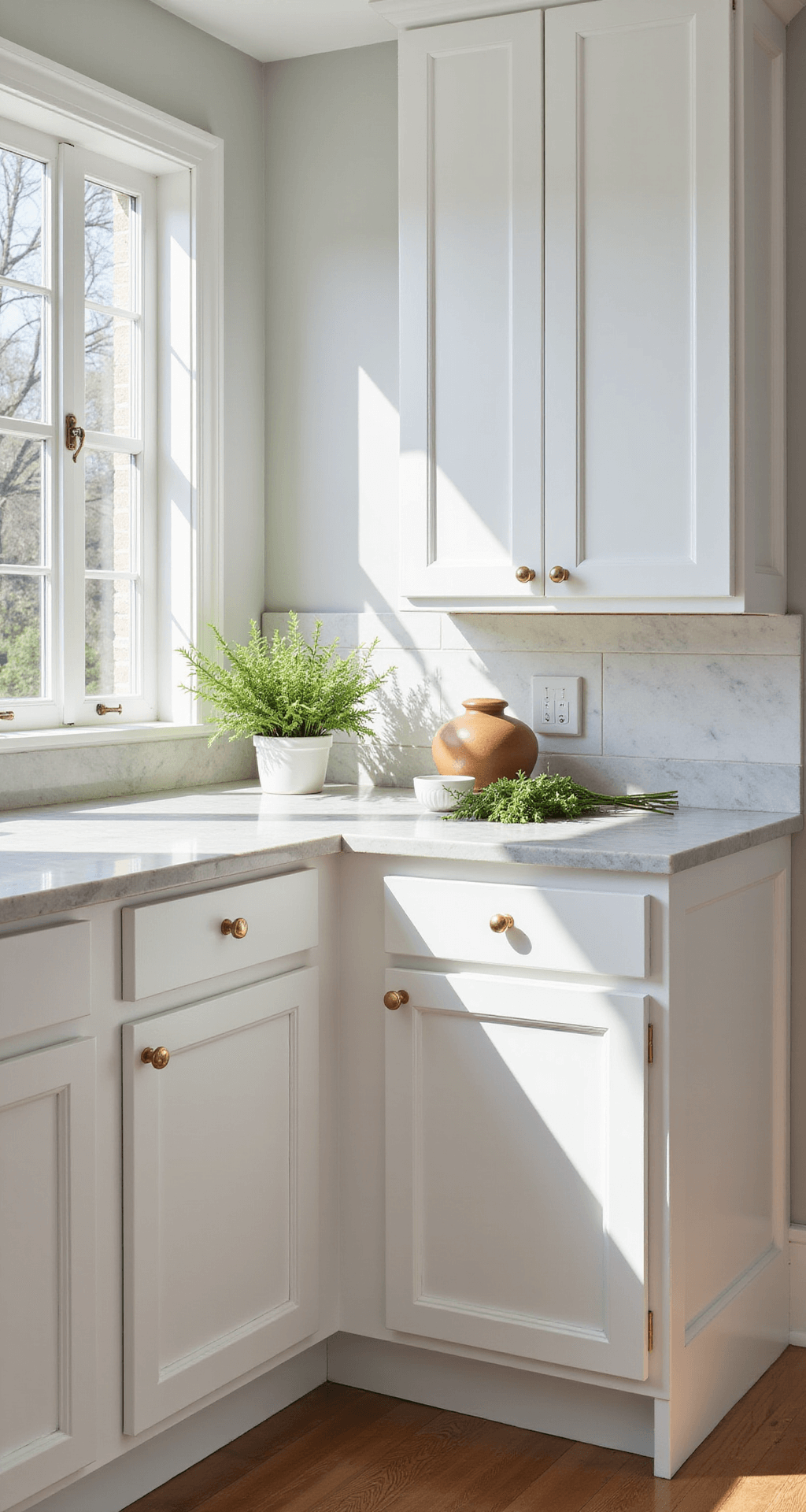 Stylish Kitchen Cabinet Ideas: Transform Your Space with Smart Design A bright kitchen with floor-to-ceiling white Shaker-style cabinets, marble countertops, and artisanal ceramics, bathed in morning sunlight, showcasing a fresh and timeless aesthetic.