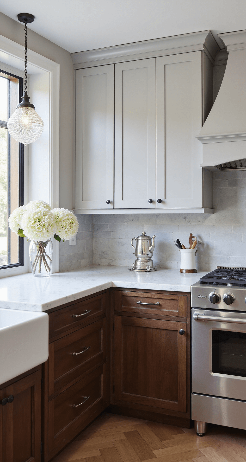 Kitchen Cabinets: Your Ultimate Styling and Photography Guide A transitional elegance kitchen featuring dark walnut lower cabinets and dove grey upper cabinets with polished nickel hardware, illuminated by crystal pendant lights. The corner shot highlights cabinetry details, with silver tea service, white hydrangeas, and marble accents on herringbone floors, all in a sophisticated neutral palette.